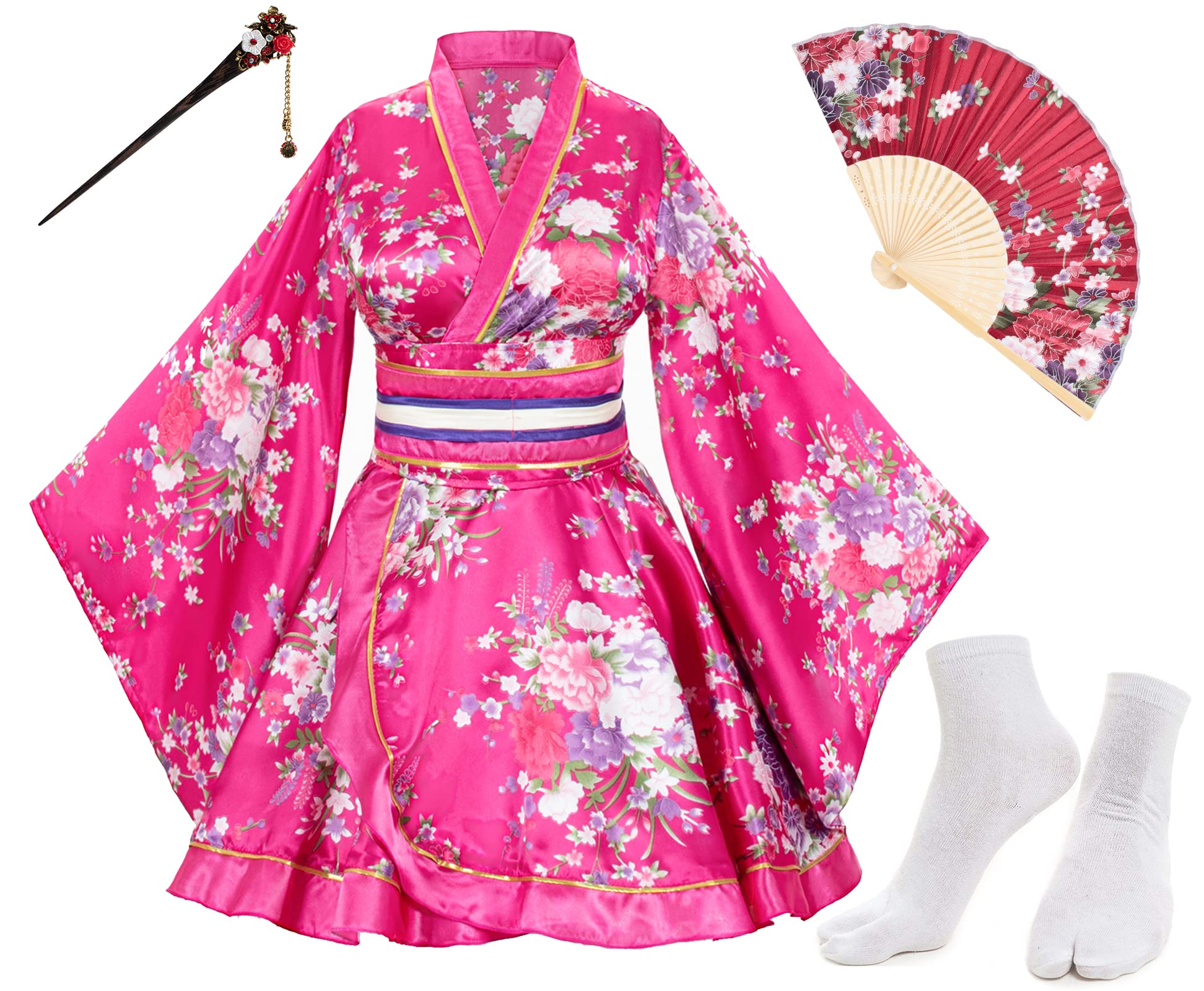 Japanese Anime Cosplay Kimono Robe Set with Silk Folding Fan & Tabi Socks - Traditional Women's Dance Costume for Cosplay, Halloween, and Cultural Events