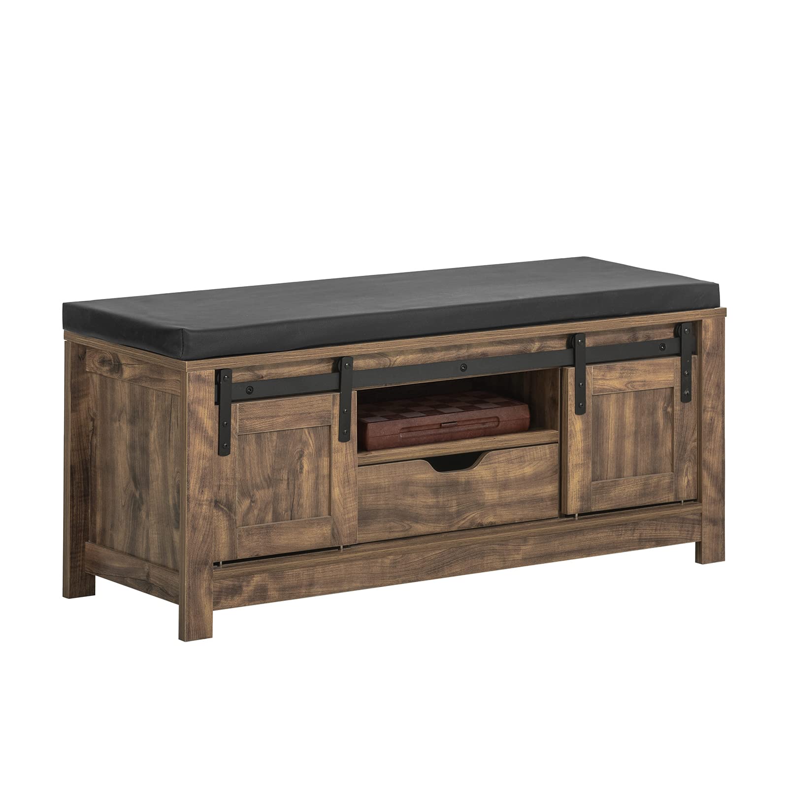 Haotian Industrial Style Shoe Storage Bench with Sliding Barn Doors - Entryway Hallway Shoe Cabinet with Drawer & Padded Seat Cushion - Rustic Window Bench for Mudroom, Living Room or Bedroom - Brown (FSR118-N)