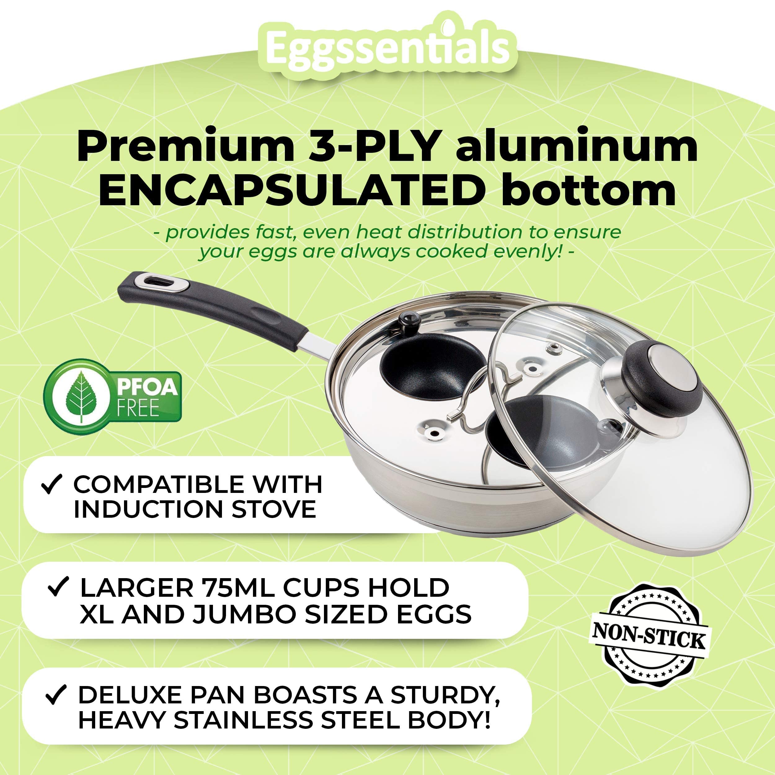 Premium Stainless Steel Egg Poacher Pan with Silicone Handle - 2 Poaching Cups, Food Grade Safe, PFOA Free, Includes Spatula - Perfect for Healthy Breakfast, Poached Eggs, Keto & Low-Carb Diets, Meal Prep & Cooking Enthusiasts