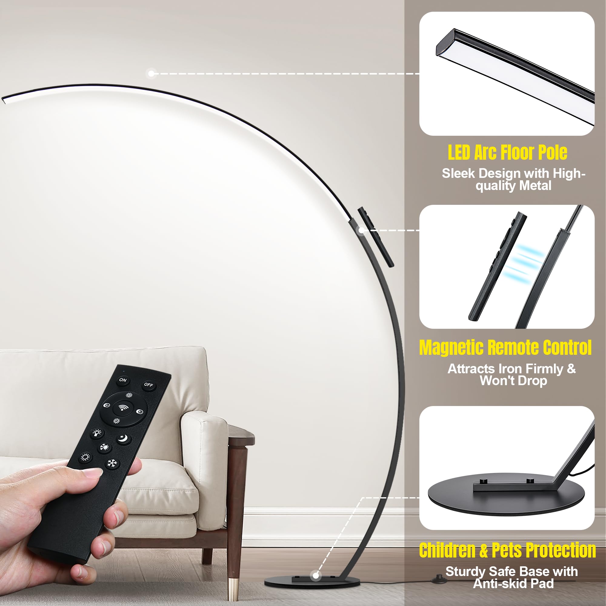 Dimmable LED Floor Lamp with 3 Color Temperatures - 2000LM Ultra Bright Arc Standing Lamp with Remote Control for Living Room, Bedroom, Office & Classroom | Modern Reading Light & Ambient Lighting