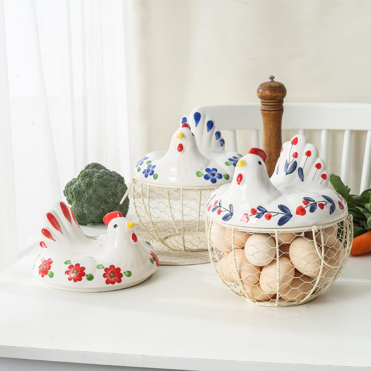 Ceramic Chicken Egg Holder with Wire Basket - Decorative Countertop Egg Storage for 2 Dozen Eggs - Perfect for Farmhouse Kitchens, Breakfast Buffets & Fresh Egg Display