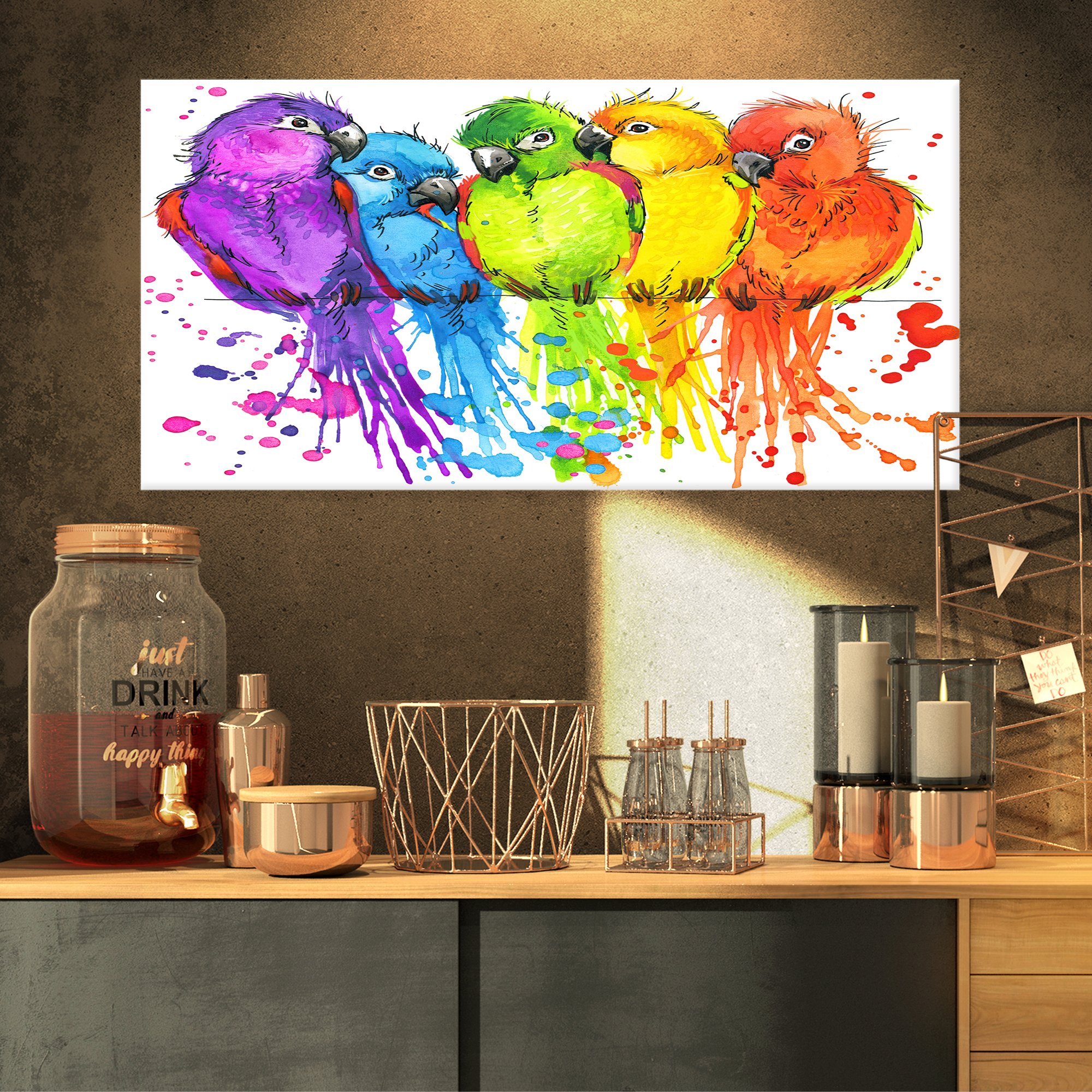 Vibrant Colorful Parrots Illustration - Animal Art Painting Wall Decor for Living Room, Bedroom & Office