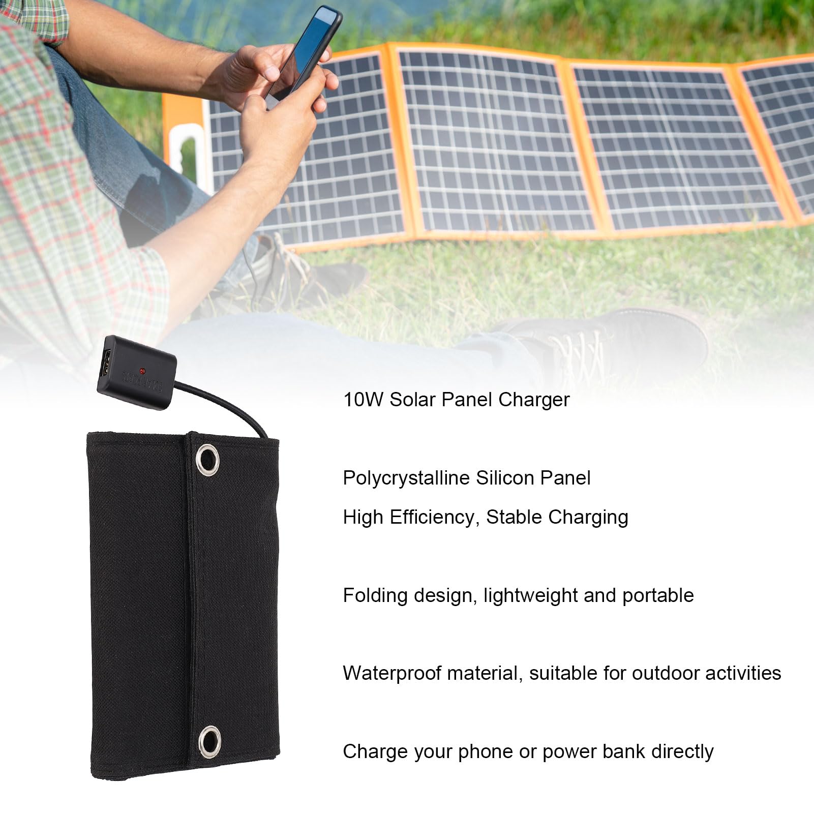 10W 5V Portable Solar Panel Charger - Foldable Waterproof Solar Power Bank for Camping, Hiking & Travel - Emergency Power Supply for Phones, Tablets & Outdoor Gear