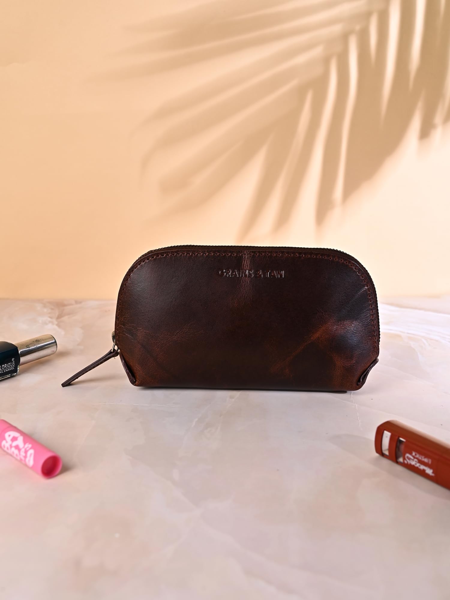 Genuine Leather Makeup Pouch for Women - Travel Cosmetic Bag Organizer with Multiple Pockets | Ladies Beauty Accessories Case for Skincare, Jewelry & Pencils | Perfect for Travel, Gym & Daily Use - Crunchy Brown