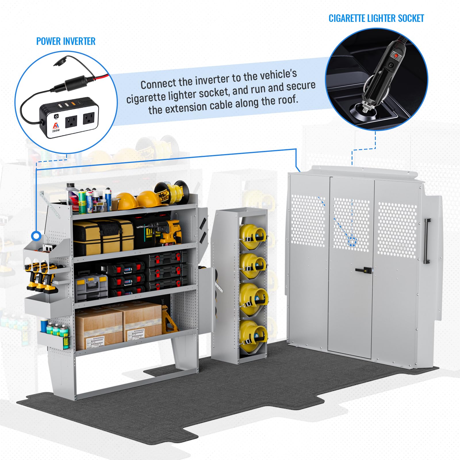 **16.4 Ft Power Tool Organizer Wall Mount with Power Inverter & Cigarette Lighter Extension Cord - 3-Tier 13