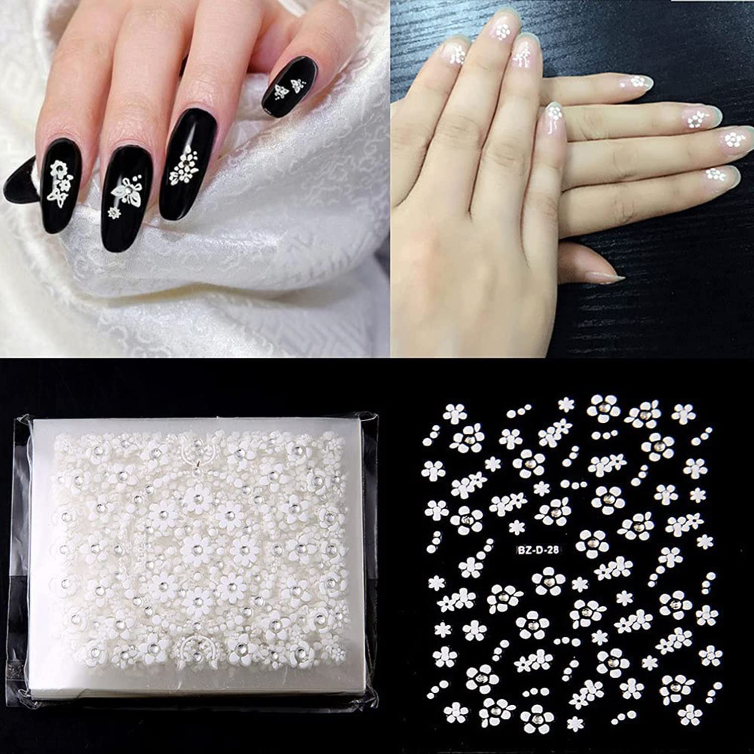 3D Floral Nail Art Stickers - White Holographic Flower Vine Leaf Self-Adhesive Nail Decals for Women & Girls | DIY Manicure Decorations | Perfect for Parties, Weddings, and Everyday Nail Art