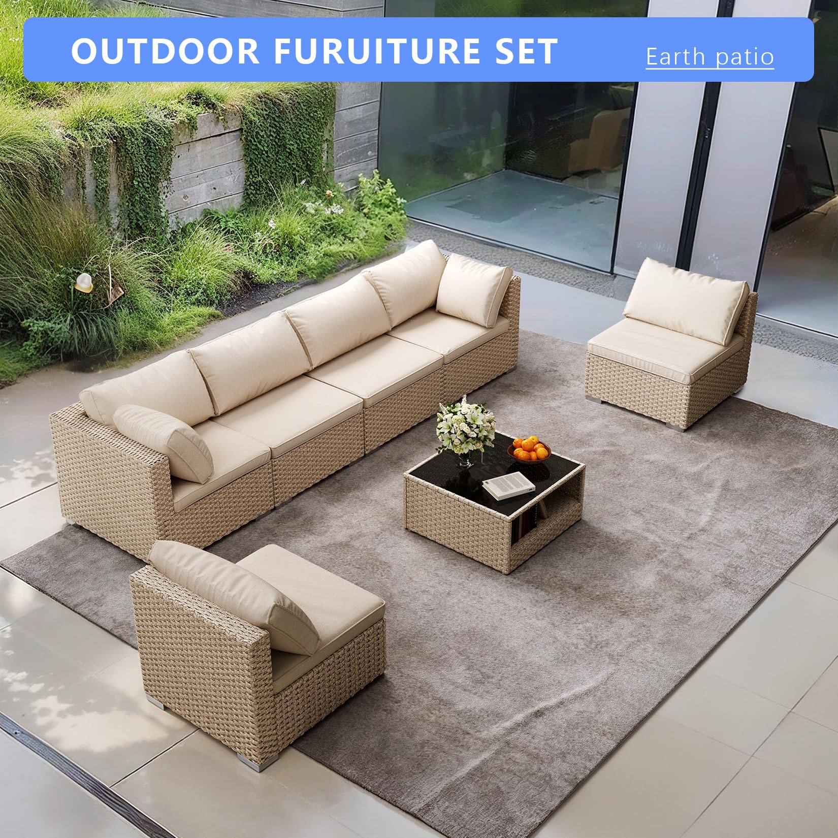 7-Piece Wicker Patio Furniture Set - Outdoor Conversation Sectional Sofa with Waterproof Cushions & Coffee Table, Beige - Perfect for Backyard, Garden, Poolside & Patio Relaxation