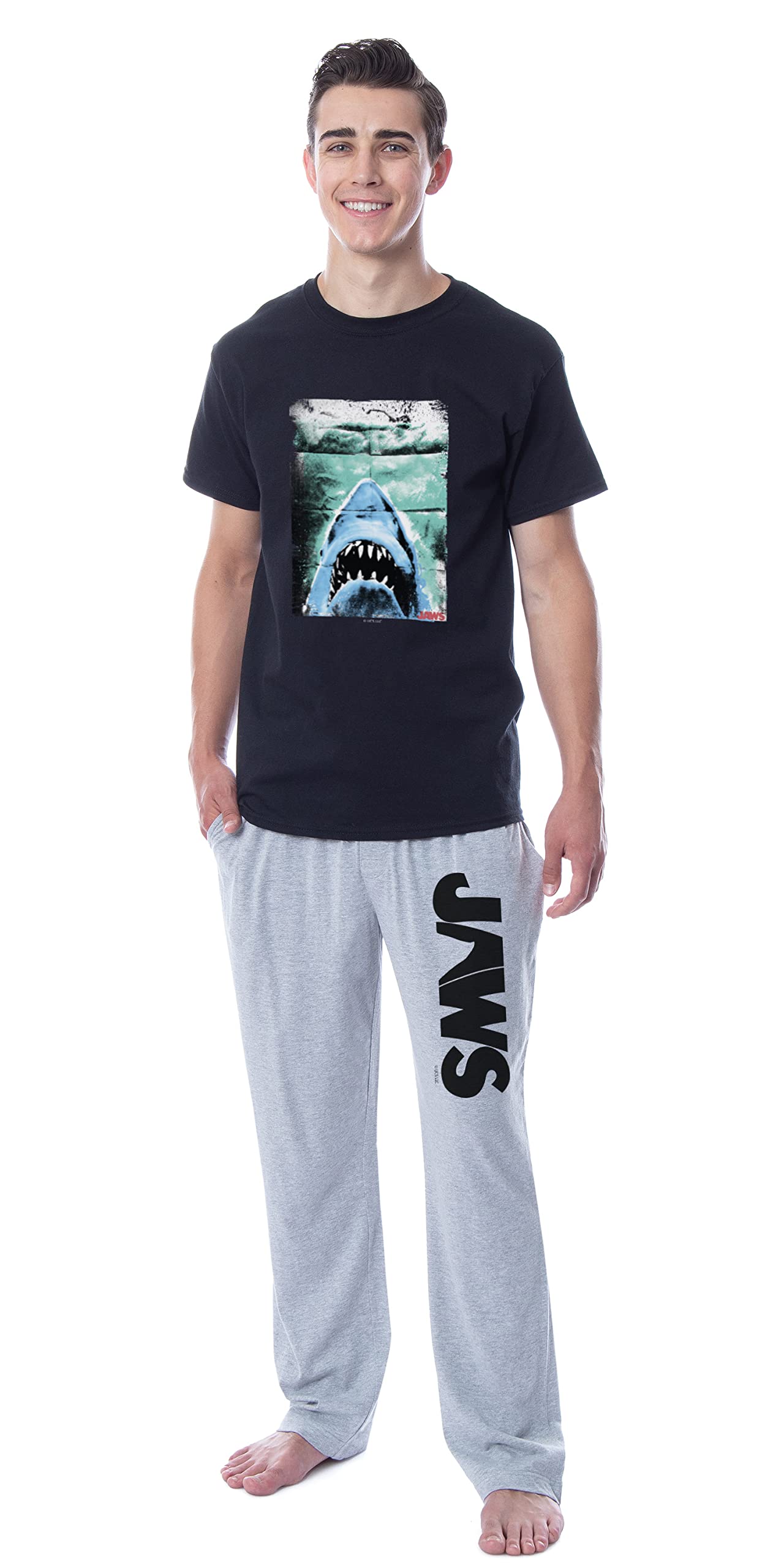 INTIMO Jaws Men's Classic Movie Logo Distressed Sleep Pajama Set - Comfortable Cotton PJs for Movie Nights & Relaxation at Home