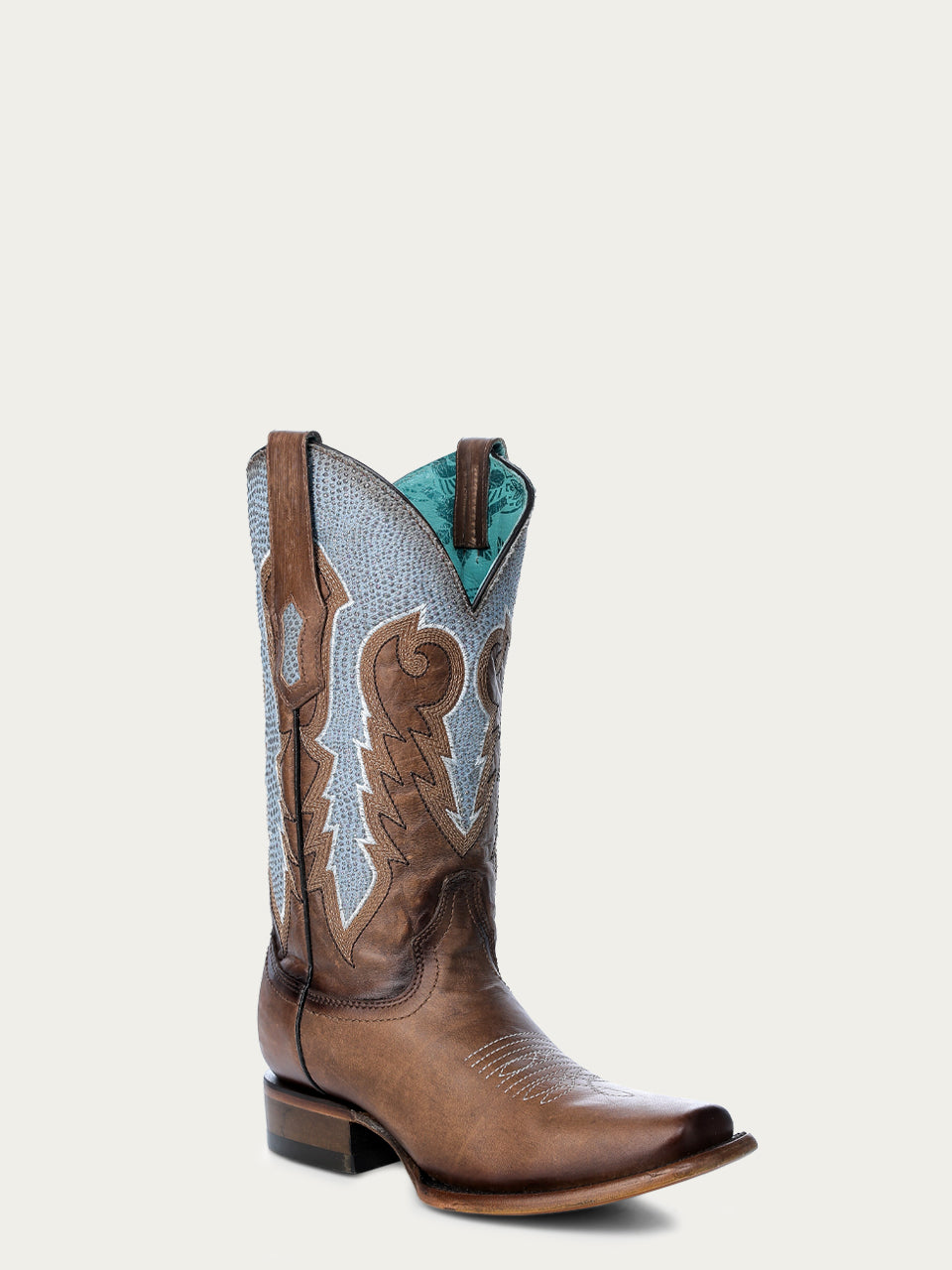 Women's Blue Glitter Cowboy Boots with White Embroidery & Square Toe - Stylish Western Fashion for Country Concerts, Rodeos & Casual Outfits