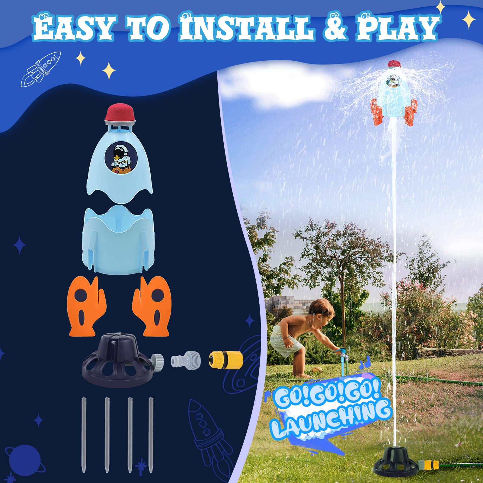 Rocket Design Water Powered Sprinkler for Kids - Outdoor Summer Water Toy with 9-16ft Spray & Spin Function - Perfect for Backyard, Garden, Pool Parties and Birthday Gifts