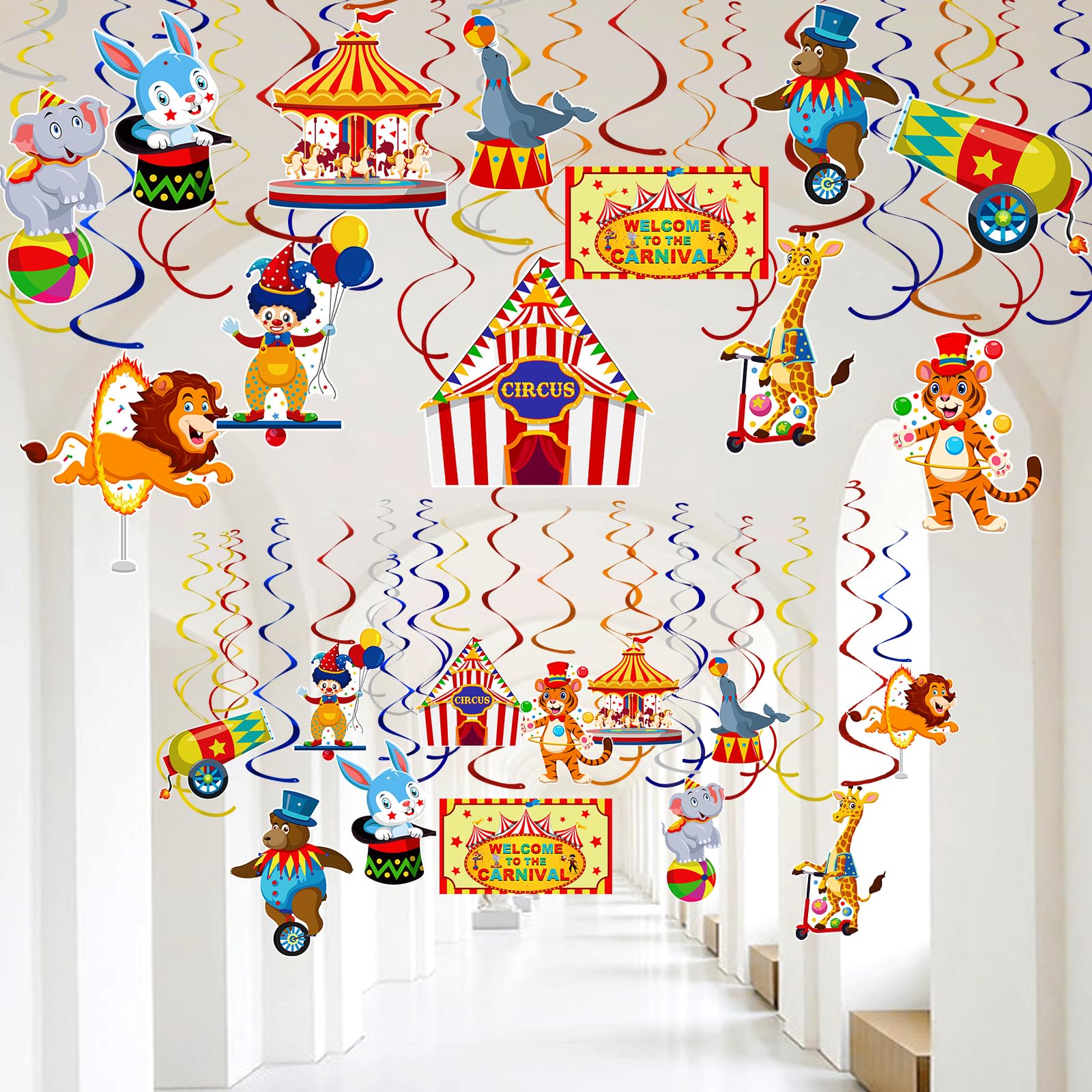 58 Pcs Carnival Hanging Swirl Decorations - Colorful Circus Animal Party Supplies for Baby Showers, First Birthday & Themed Events - Perfect for Ceiling Decor, Streamers & Party Favors | Great for Indoor/Outdoor Celebrations, Birthday Parties & Carnival Decorations