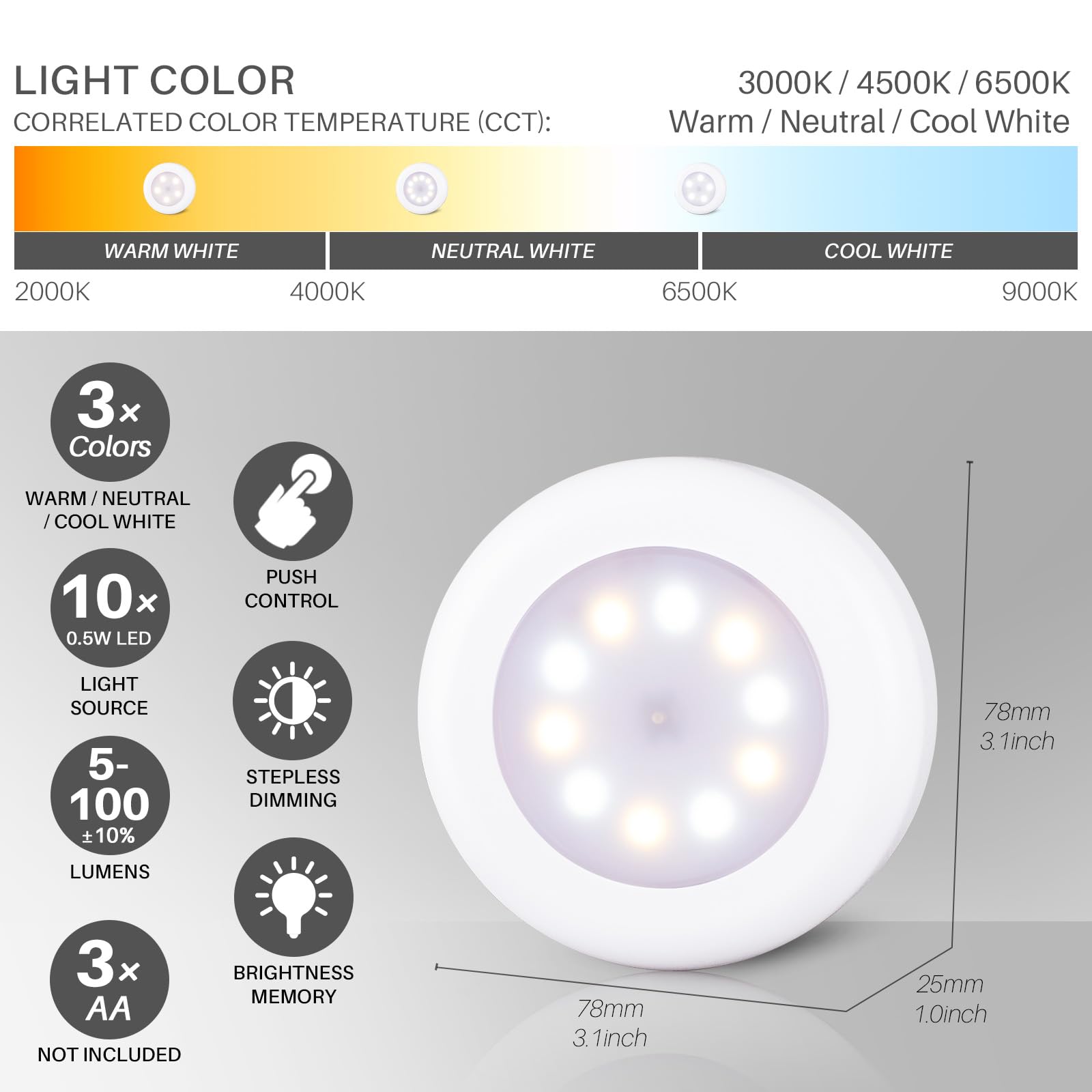 STAR-SPANGLED 4 Pack 3.1” Dimmable Push Tap LED Lights - AA Battery Operated Stick-On Puck Lights with 3 Color Modes - Perfect for Classroom, Kitchen, Under Cabinet, Closet, Nursery & Stairway Lighting