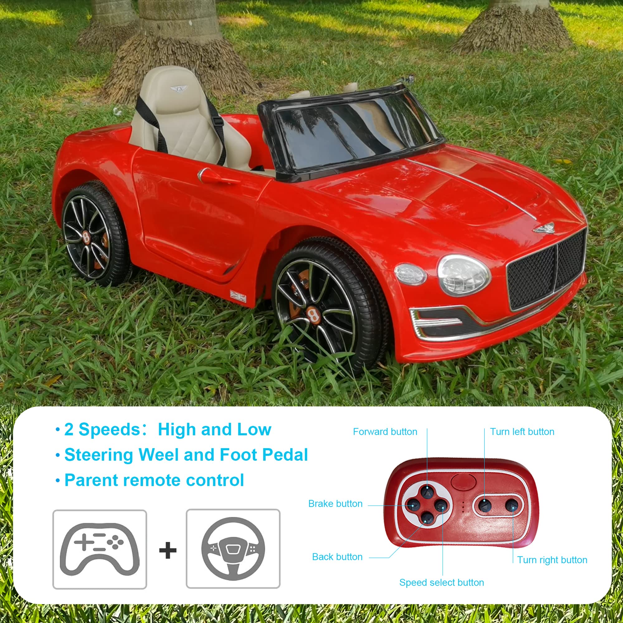 SEHOMY 12V Kids Ride On Car - Bentley Licensed, Remote Control, LED Lights for Ages 3-8 | Outdoor Play & Birthday Gifts