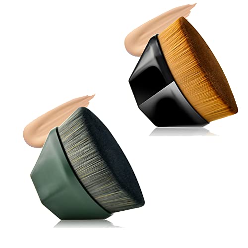 Professional Flat Top Kabuki Makeup Brush Set for Foundation & Liquid Cosmetics - Black & Green - Perfect for Flawless Base Application & Contouring - Ideal for Everyday Makeup & Professional Use