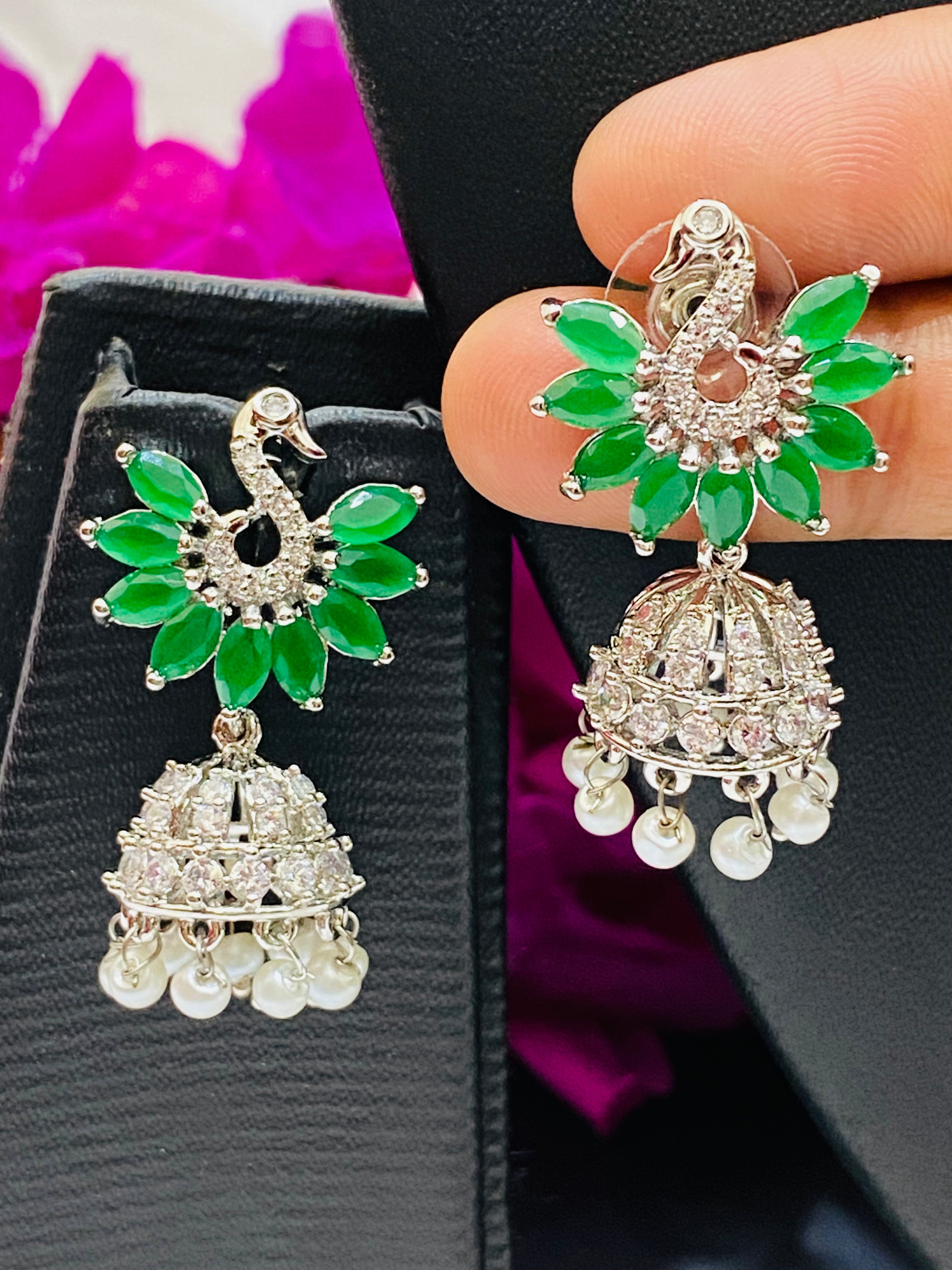 Elegant Green Peacock Design American Diamond Earrings for Women | Fashion Jewelry for Parties, Weddings & Special Occasions