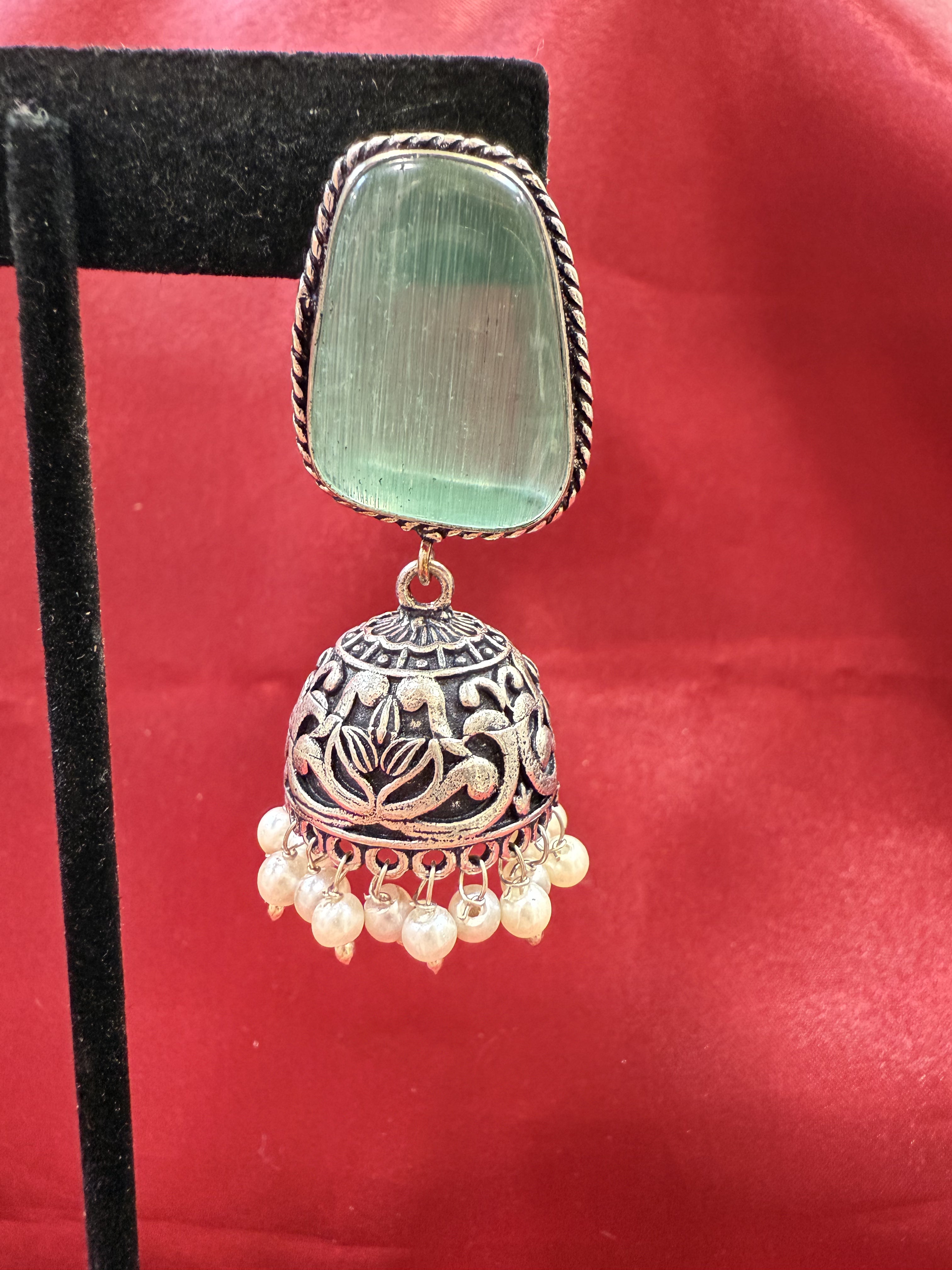 Oxidized Sky Blue Stone Jhumka Earrings with White Bead Hangings - Traditional Indian Jewelry for Weddings, Parties & Festive Occasions