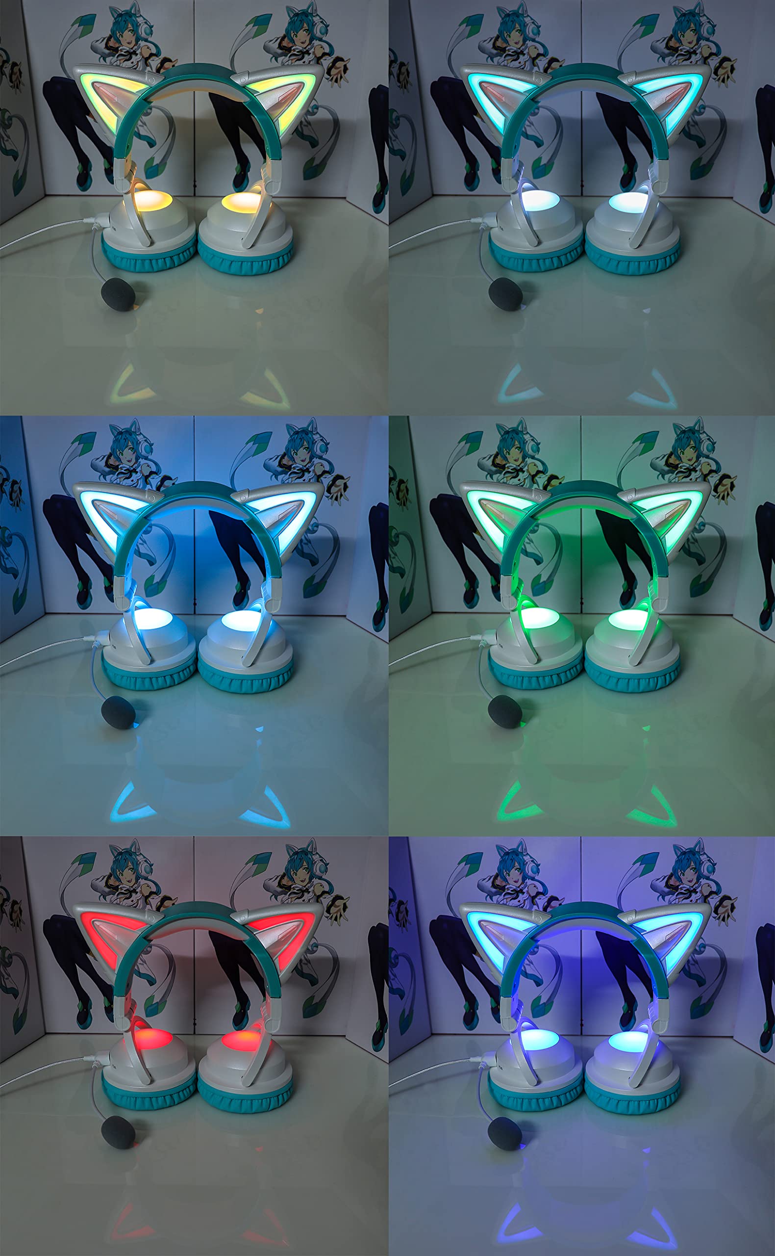 Wireless Cat Ear Headphones with RGB Color Changing (12 Colors) - Bluetooth & 3.5mm Wired Connection for Gaming, Music & Cosplay (Green) - Perfect for Gamers, Streamers & Anime Fans