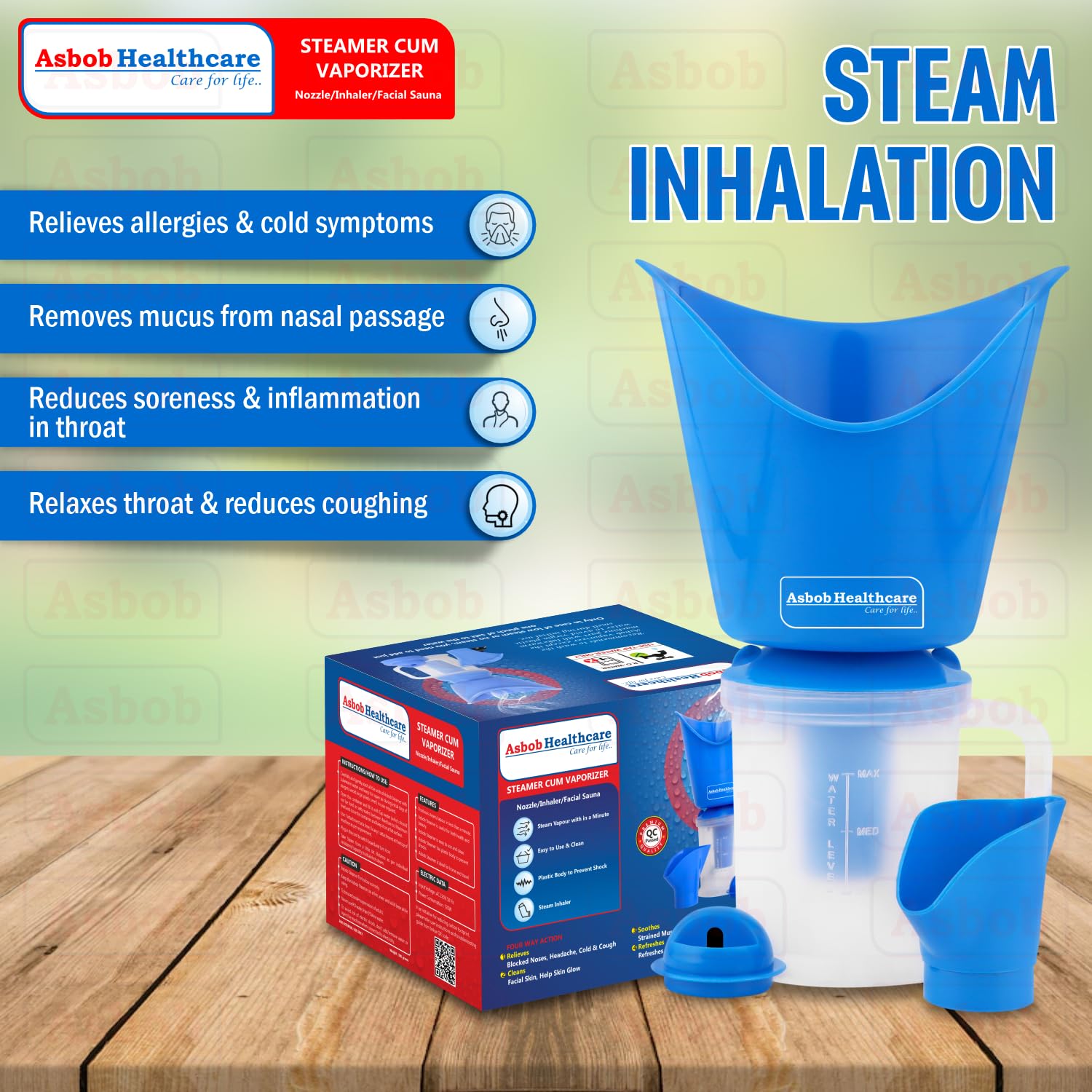 Asbob 3-in-1 Steamer for Cold & Cough Relief - Electric Vaporizer for Adults, Facial Steamer & Steam Inhaler - Portable Nebulizer for Home & Travel Use (Blue) - Perfect for Congestion Relief & Skincare Routine