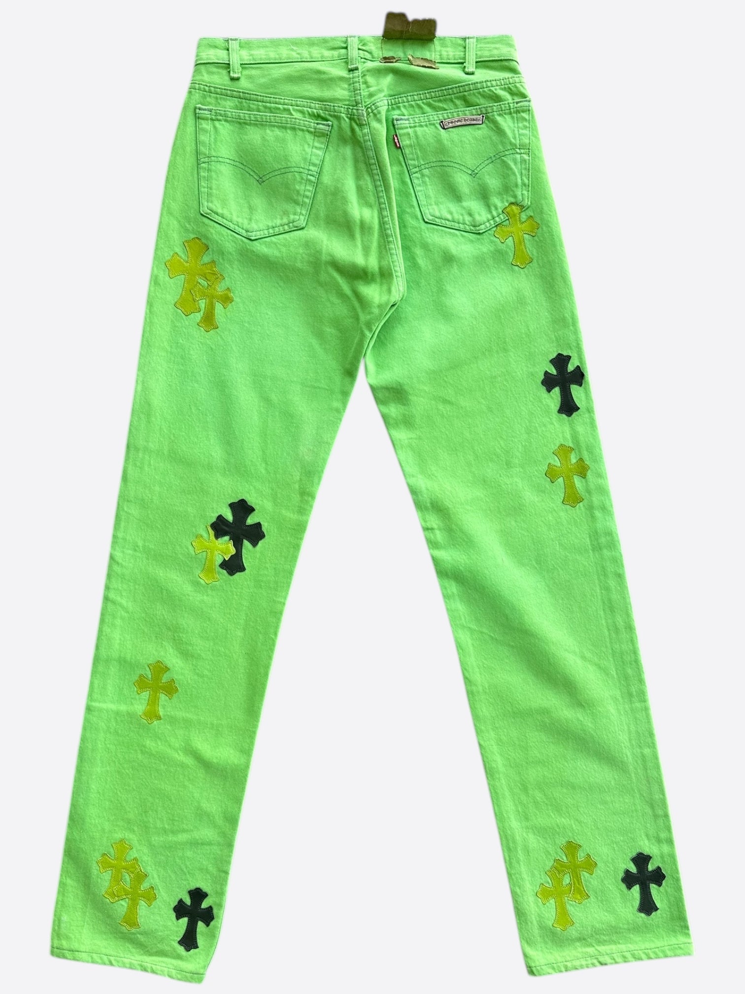 Chrome Hearts x Levi's Green & Black Cross Patch Denim Jeans for Men & Women | Vintage Style Distressed Skinny Jeans | Perfect for Streetwear, Concerts & Night Out