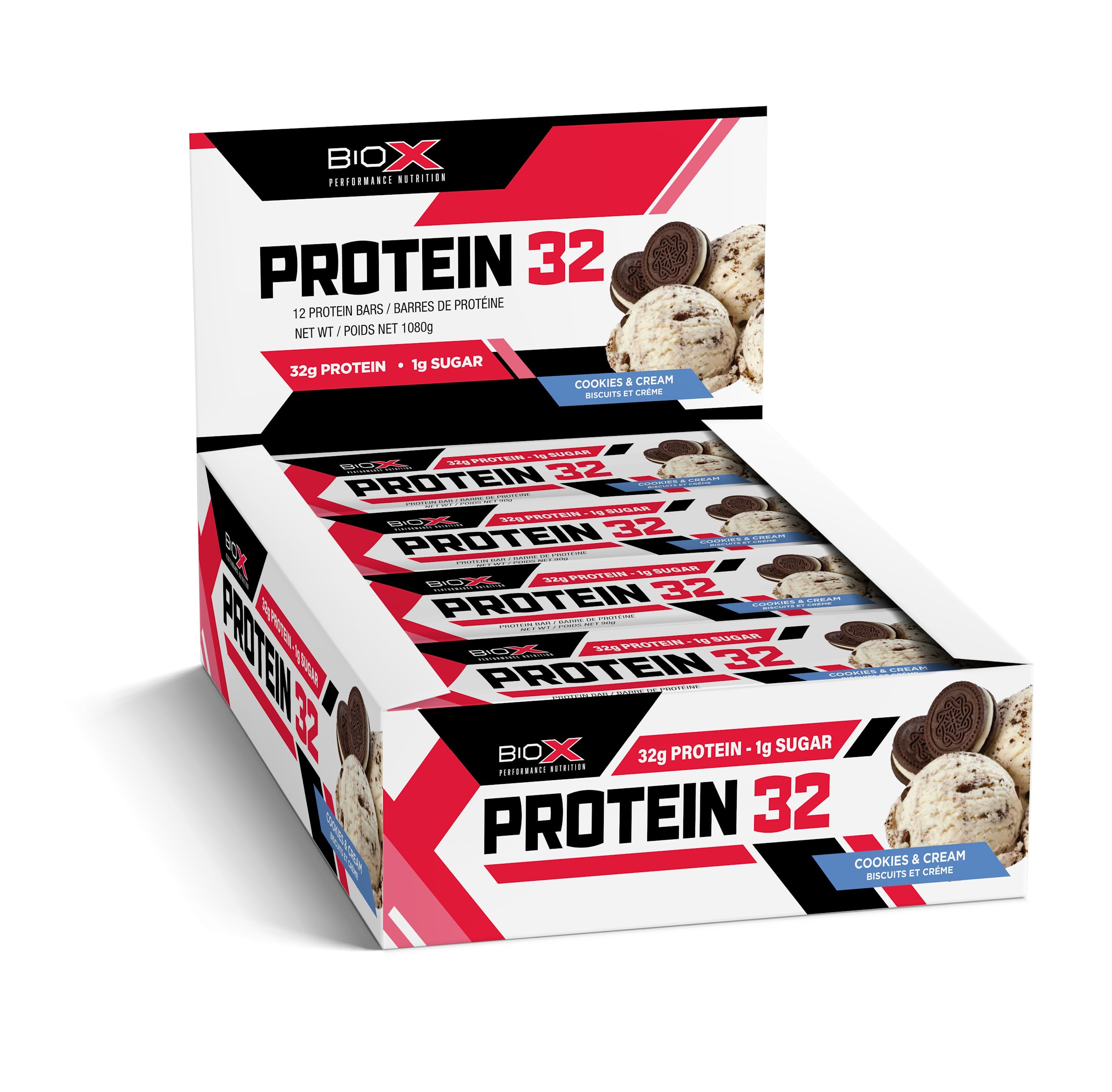 BioX Protein 32 Bar - High Protein, Low Sugar, High Fiber Snack Bar (32g Protein, 1g Sugar, 8g Fiber) with Casein, Whey Protein Isolate & Hydrolyzed Whey Protein - Box of 12 Cookies & Cream Flavor Bars for Gym, Hiking & Post-Workout Recovery