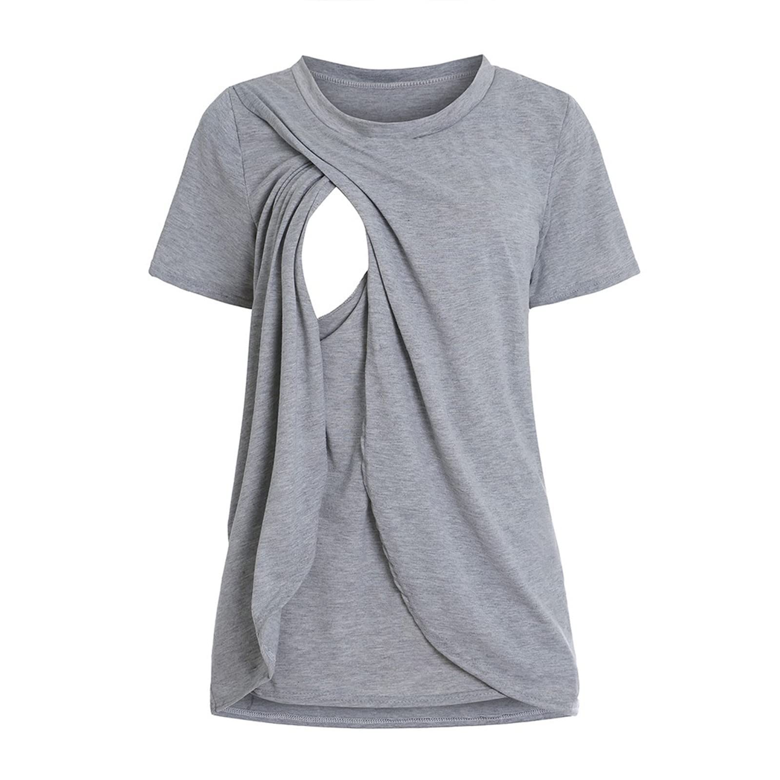 Maternity Breastfeeding T-Shirt for Women - Solid Color Short Sleeve Nursing Top with Comfortable Leggings (Grey) - Perfect for Pregnancy, Nursing & Everyday Wear