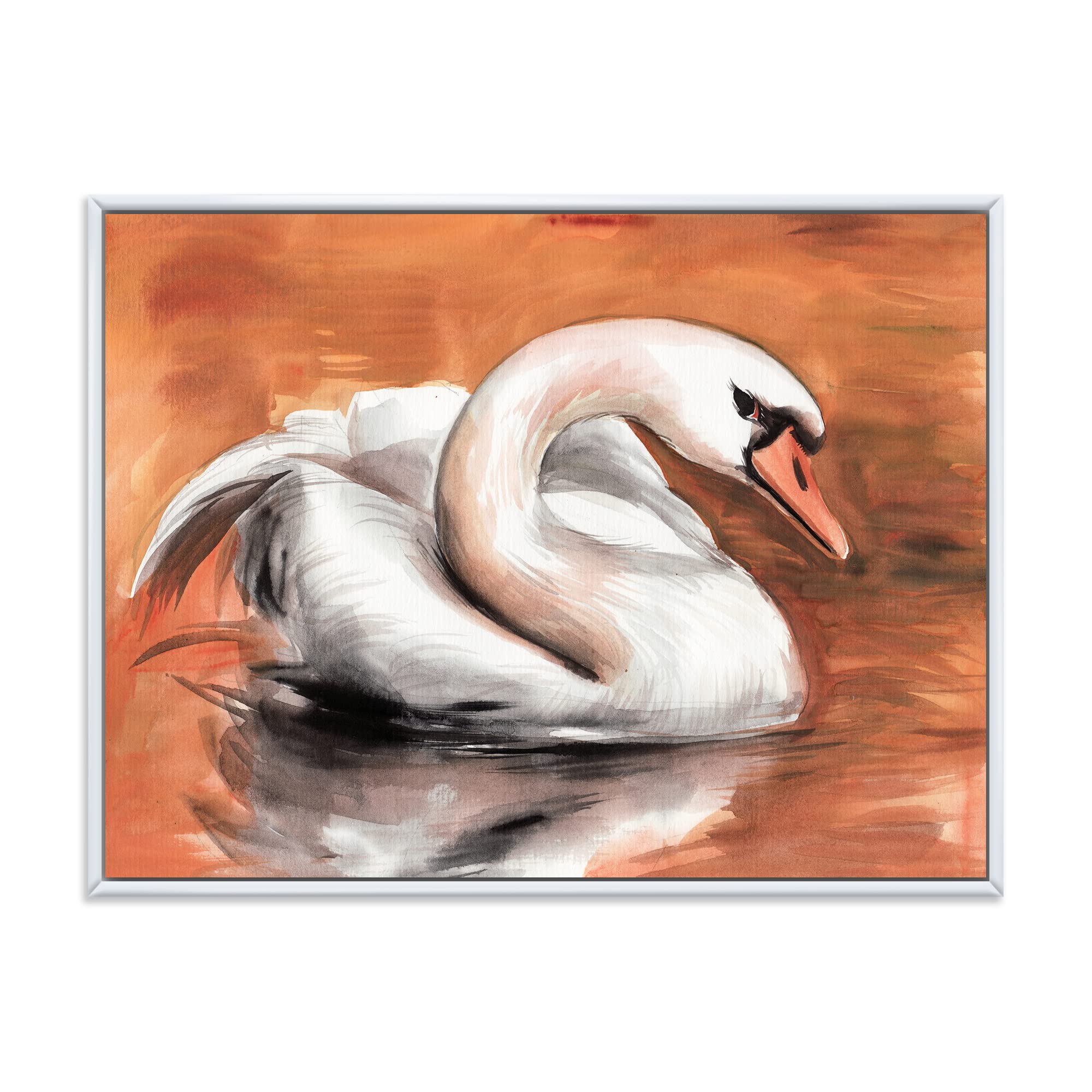 DesignQ Swan on The Water - Traditional Framed Canvas Wall Art Print for Living Room, Bedroom & Office Decor | Home Wall Decoration | Handmade Painting Gift