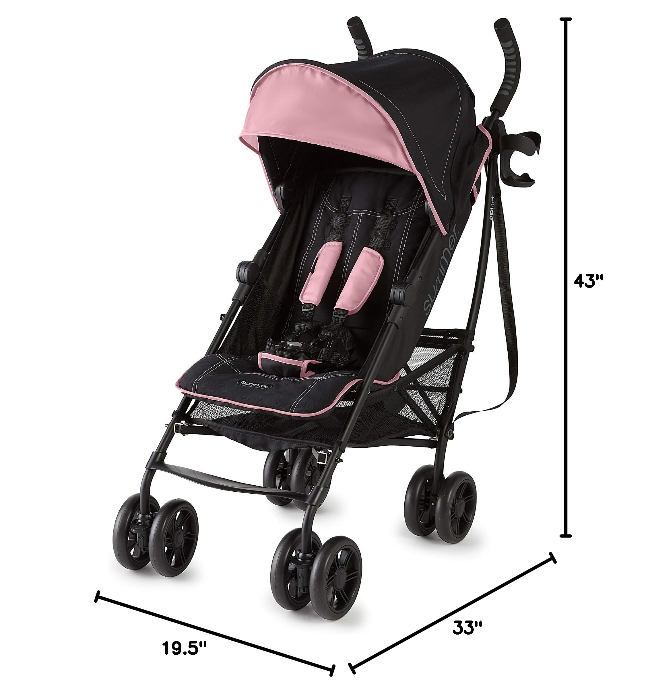 Summer Infant 3Dlite+ Lightweight Umbrella Stroller - Compact Fold, Oversized Canopy & Extra Storage | Pink/Matte Black | Perfect for Travel, Shopping & Daily Use with Baby