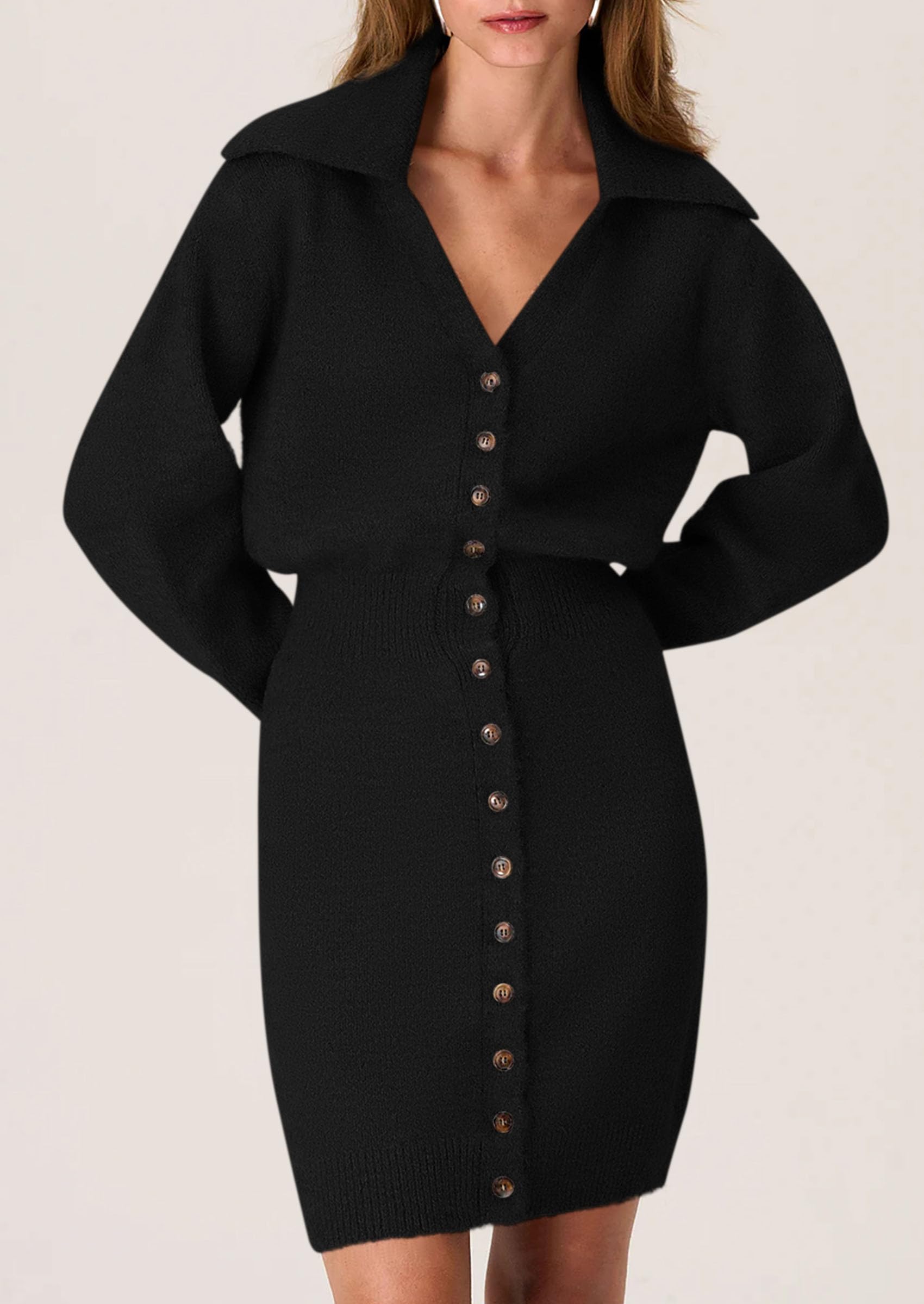 PRETTYGARDEN Women's Trendy 2025 Long Sleeve Button Down Sweater Dress - Spring Short Knit Dress for Casual Outings, Office Wear & Date Nights