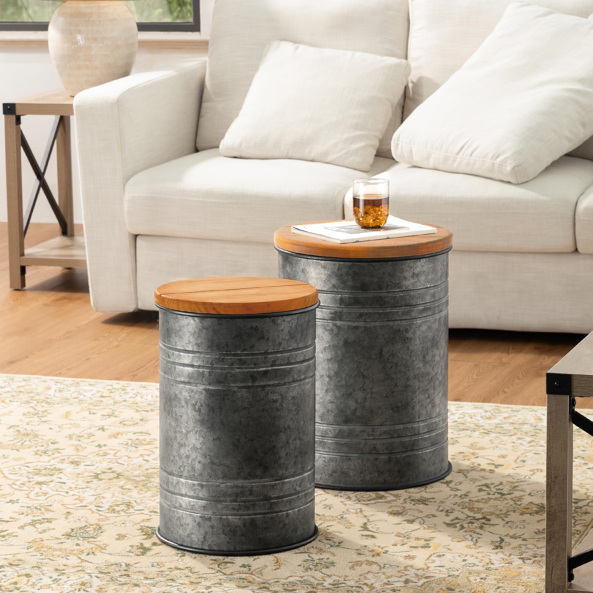Glitzhome 2-Piece Farmhouse Nesting Tables with Storage Lids - Rustic Metal Barrel Side Tables for Living Room, Bedroom, Office - Grey | Space-Saving End Tables for Small Spaces & Home Decor