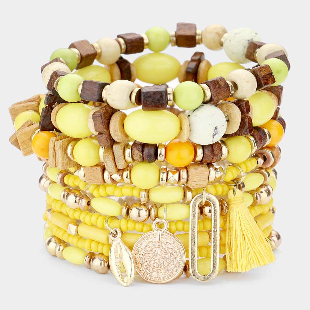 10PCS Puka Shell Coin Tassel Charm Wood Multi Beaded Stretch Bracelets for Women - Boho Beach Jewelry Set for Summer, Festival, Vacation & Gift Giving