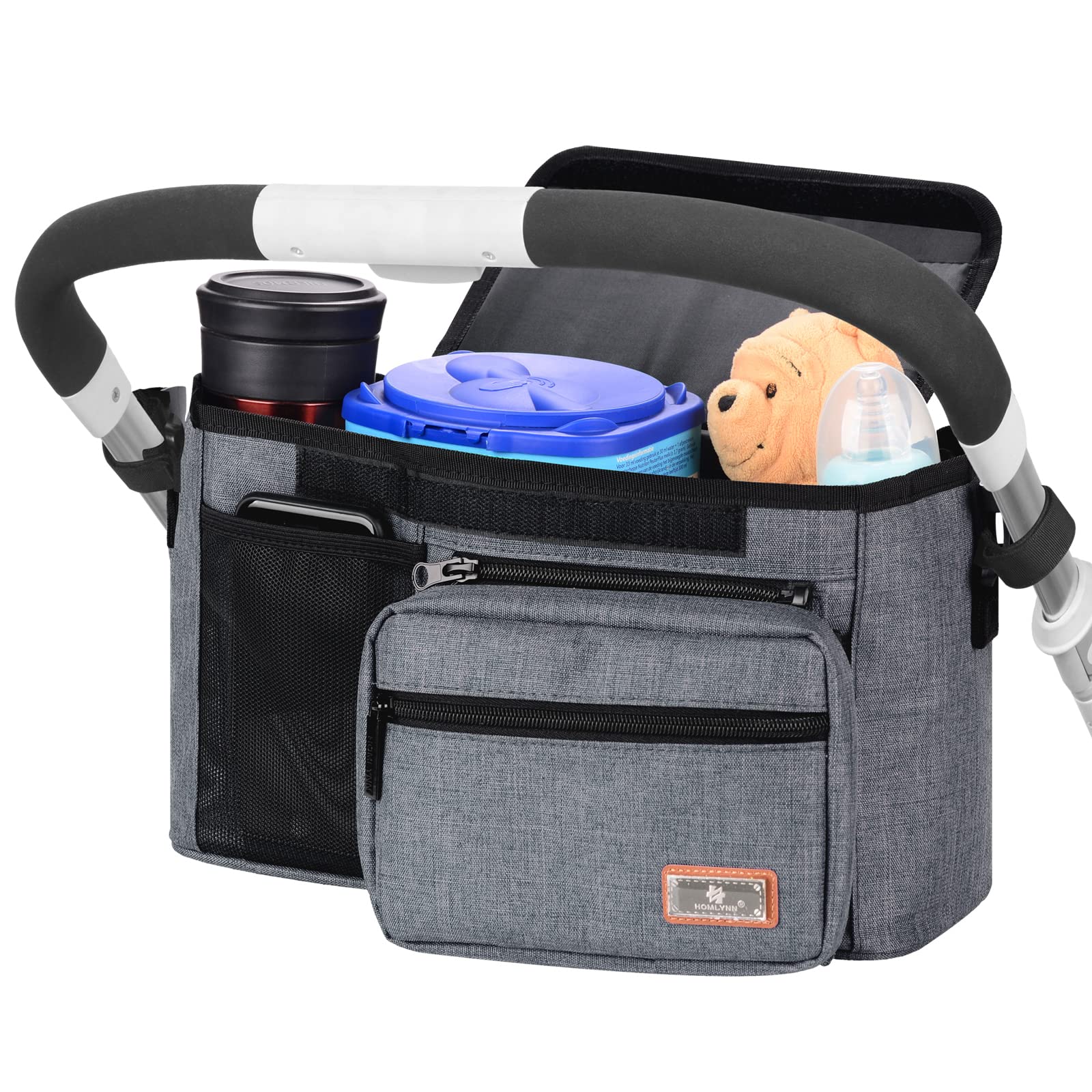 Universal Baby Stroller Organizer with Cup Holders & Detachable Storage Bag - Gray Stroller Accessories Caddy for Diapers, Phone, Keys, Toys & Snacks - Perfect for Park Outings, Shopping Trips & Family Walks