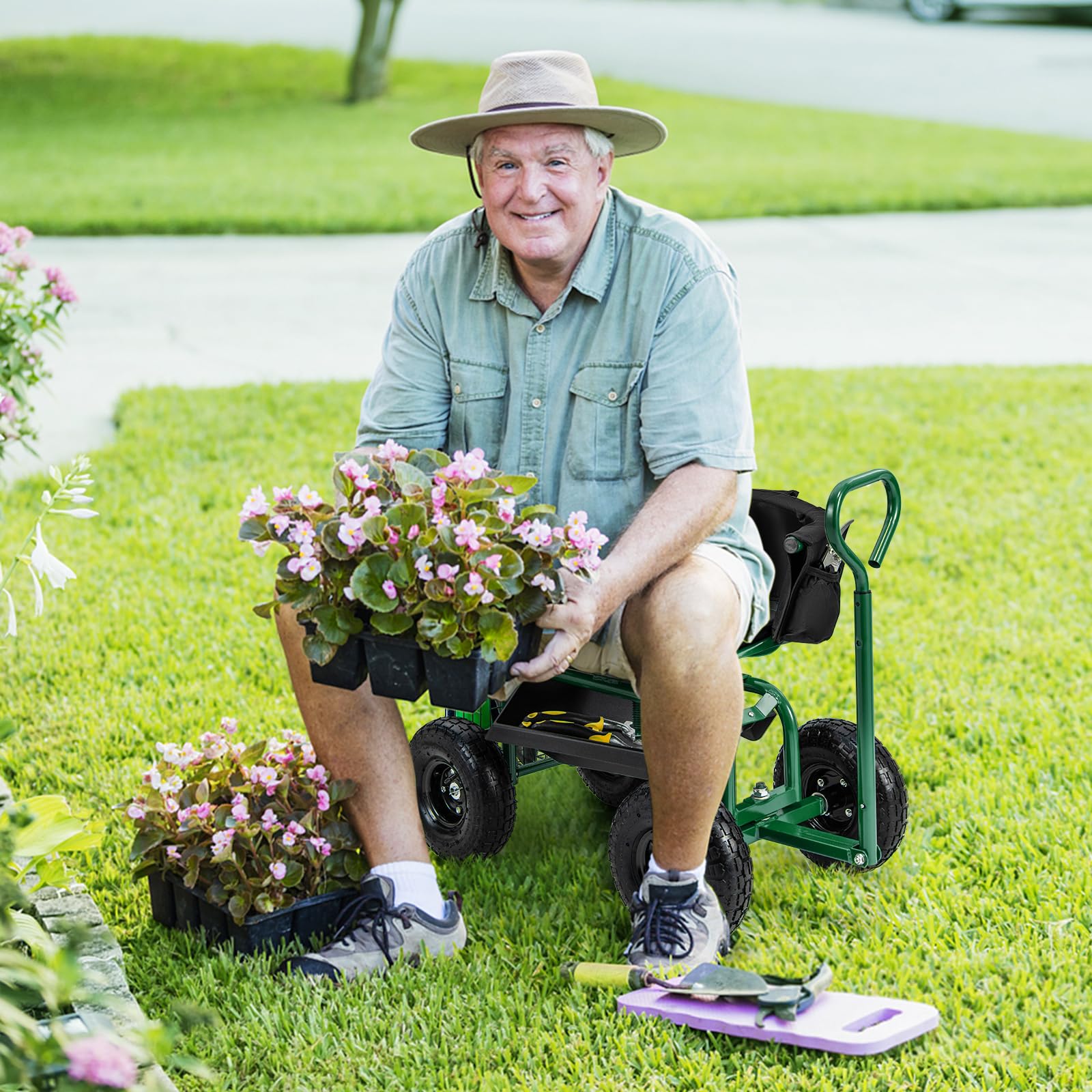 **Goplus Adjustable 360° Swivel Garden Seat with Wheels - Rolling Gardening Stool with Tool Tray, Storage Basket & Extendable Handle - Outdoor Gardening Scooter for Seniors & Adults - Perfect for Planting, Weeding & Yard Work**