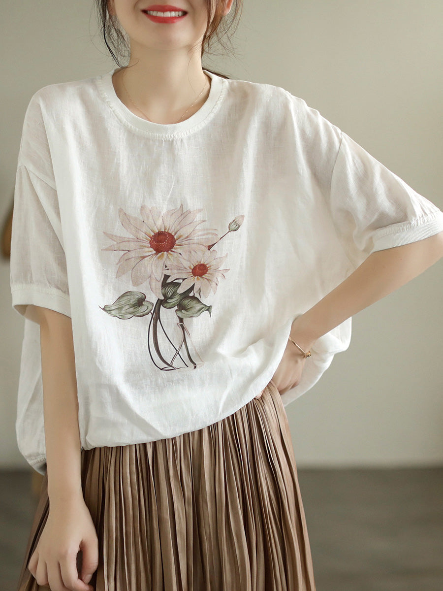 Plus Size Women's Linen Casual Summer Floral Short Sleeve T-Shirt - Comfortable & Breathable Top for Beach, Vacation & Everyday Wear