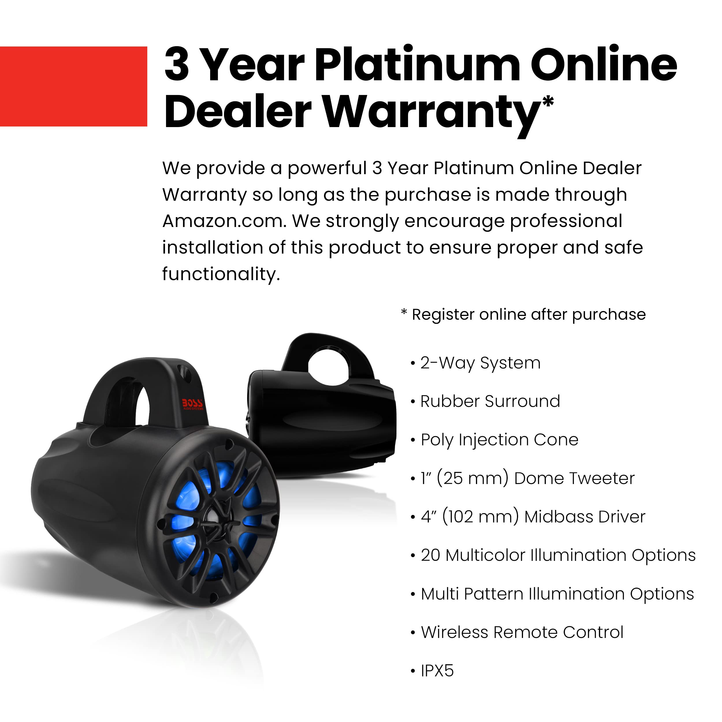 BOSS Audio MRWT40RGB 4 Inch Marine Wake Tower Speakers - Waterproof IPX5 Rated, 2-Way Full Range Audio with Multicolor LED Lights (Pair) - Perfect for Boats, Jet Skis & Outdoor Water Sports