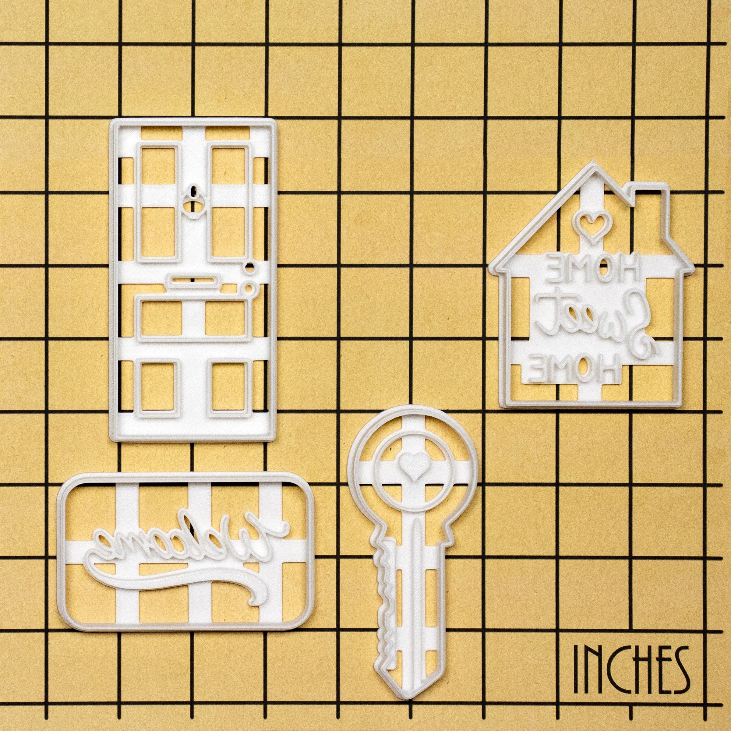 Set of 4 Stainless Steel Housewarming Cookie Cutters - Home Sweet Home, House Door, Key & Welcome Mat Shapes - Perfect for New Home Gifts, Baking Decorations & DIY Cookie Making