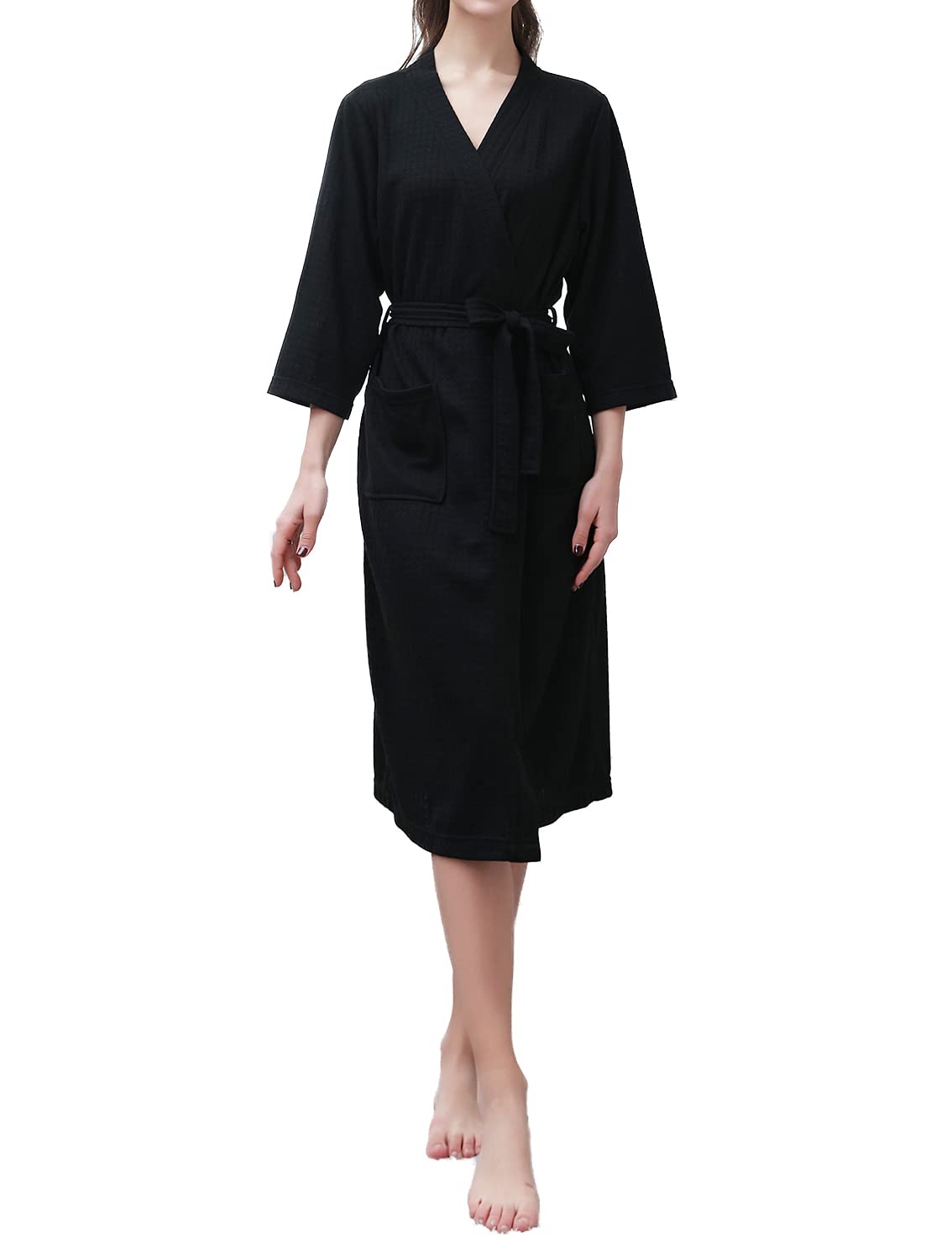 Rojeam Unisex Kimono Waffle Robe - Lightweight Soft Knee-Length Spa Bathrobe with Pockets for Men & Women | Perfect for Sleepwear, Lounging, and Relaxation at Home or Spa