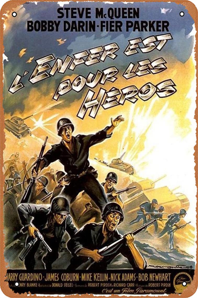 1962 Hell Is for Heroes Vintage Metal Tin Sign - 12 x 8 Inches Movie Poster Wall Decor for Man Cave, Home Theater & Retro Bar