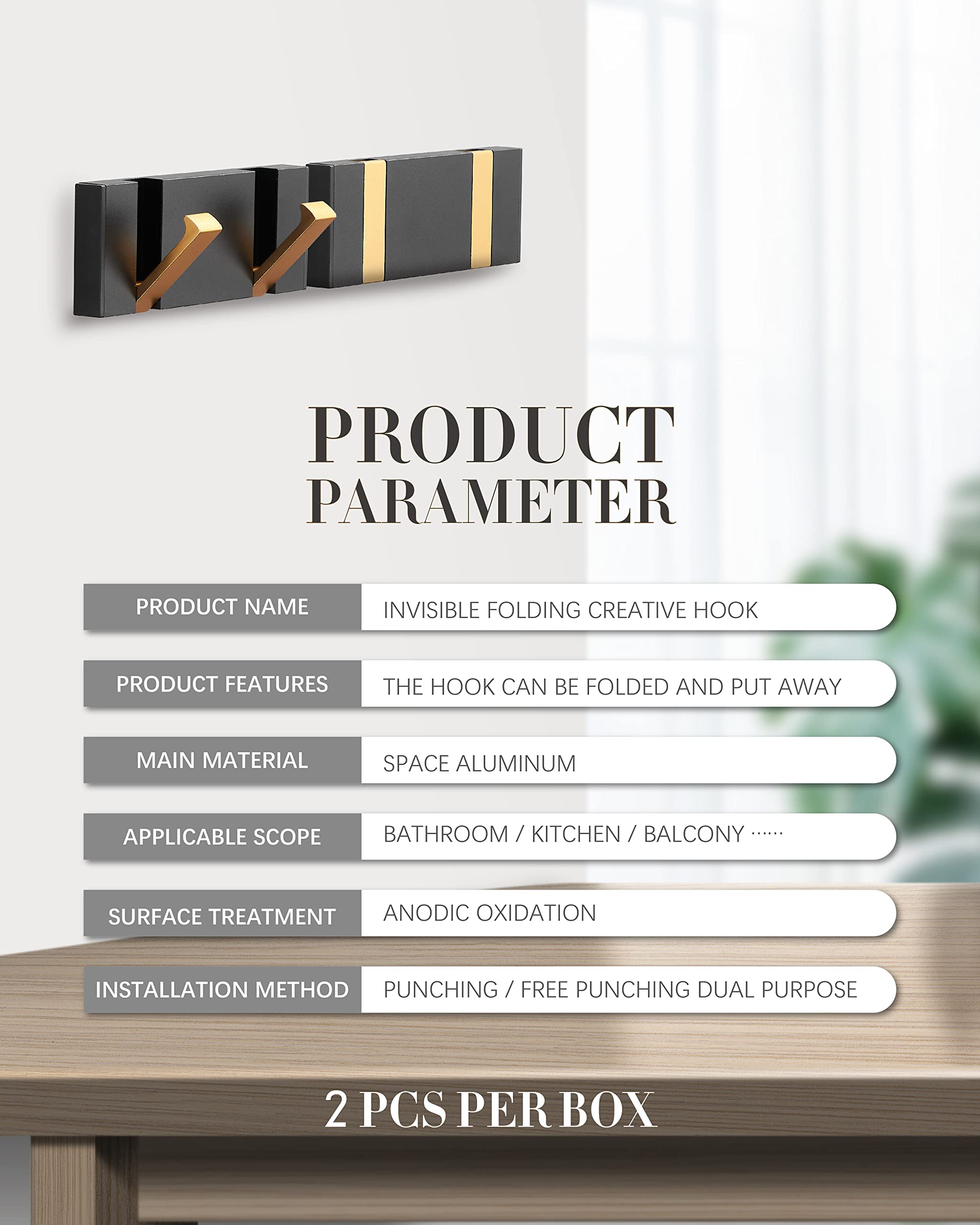 2 Pack Waterproof Black Gold Retractable Wall Hooks - Space Saving Bathroom Towel Hooks & Coat Hooks for Door, Kitchen, Balcony - Matte Finish for Modern Home Decor (Perfect for Small Spaces & Organization)