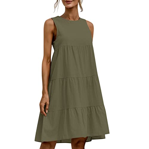 Women's V-Neck Loose Casual Sundress - Sleeveless A-Line Pleated Mini T-Shirt Dress in Army Green (XL) | Perfect for Summer Outings, Beach Vacations & Casual Wear