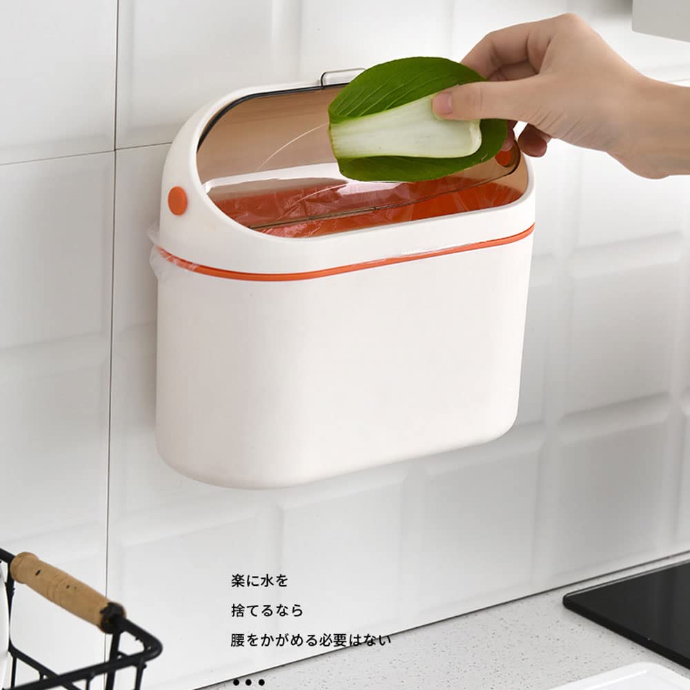 Wall Mounted Trash Can with Lid - Compact Countertop Hanging Garbage Bin for Kitchen Cabinet, Bathroom, Bedroom, Office & Living Room - Space-Saving Orange Trash Can - Perfect for Small Spaces & Home Organization