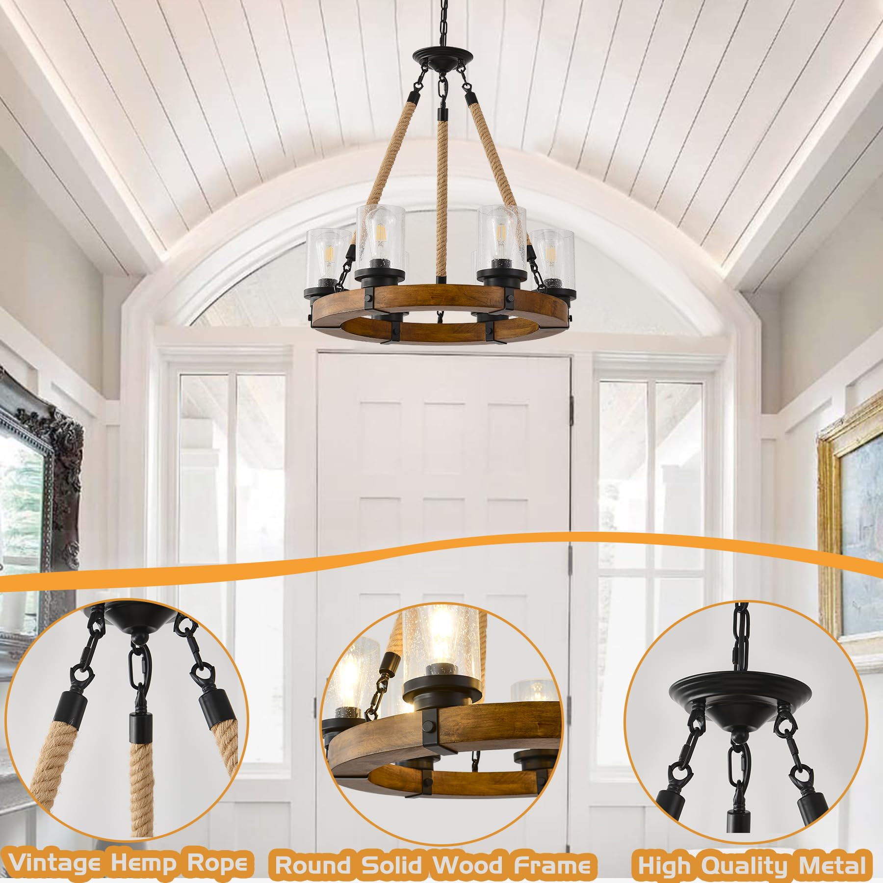 Farmhouse Wagon Wheel Chandelier - 6-Light Rustic Wood Ceiling Light with Seeded Glass Shades, Round Wooden Chandelier for Dining Room, Living Room, Kitchen & Foyer | Perfect for Country Homes, Cabin Decor & Western Style Interiors