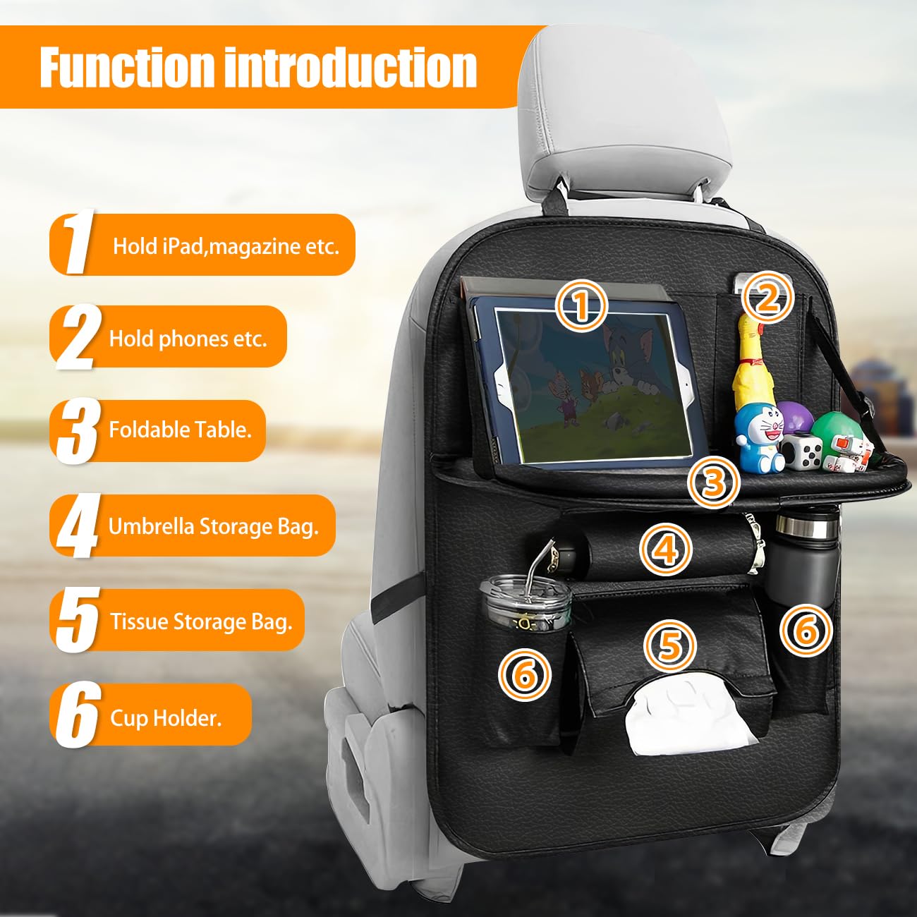 Premium Car Backseat Organizer with Tablet Holder - 2 Pack Leather Seat Organizers with 9 Storage Pockets for Kids Travel, Road Trips & Family Vacations - Perfect for Toys, Snacks, Books & Electronics