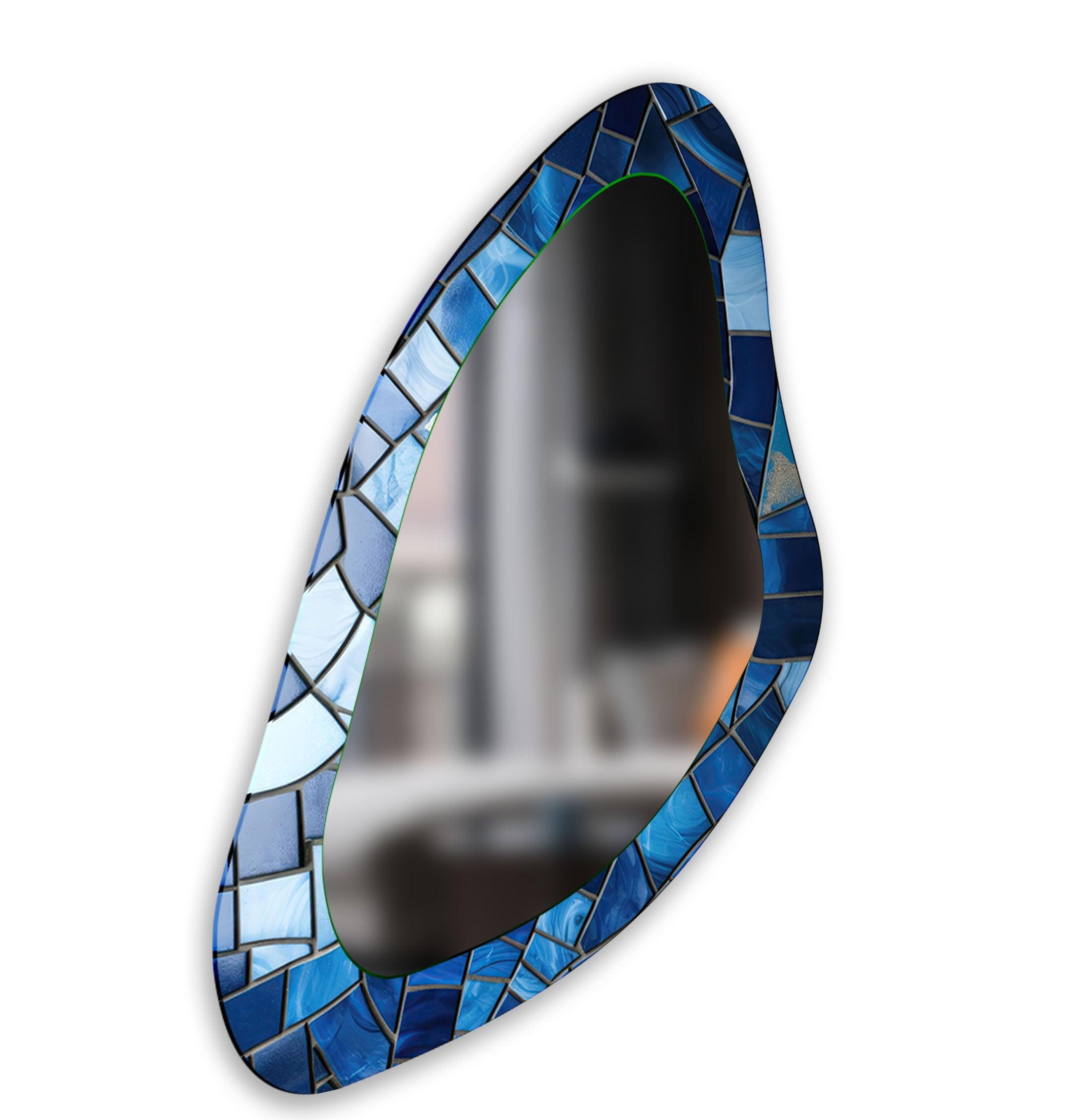 Blue Mosaic Decorative Wall Mirror - Handcrafted Boho Style Accent Mirror for Living Room, Bedroom, or Bathroom Decor