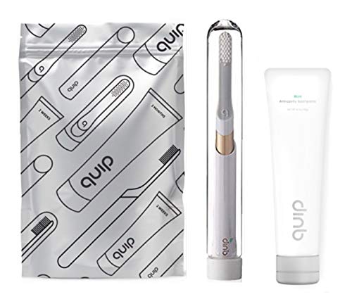 Quip Gold Metal Electric Toothbrush with Travel Cover & Mint Toothpaste - Rechargeable Sonic Toothbrush for Adults, Whitening & Gum Care - Perfect for Travel, Home & Daily Oral Hygiene Routine