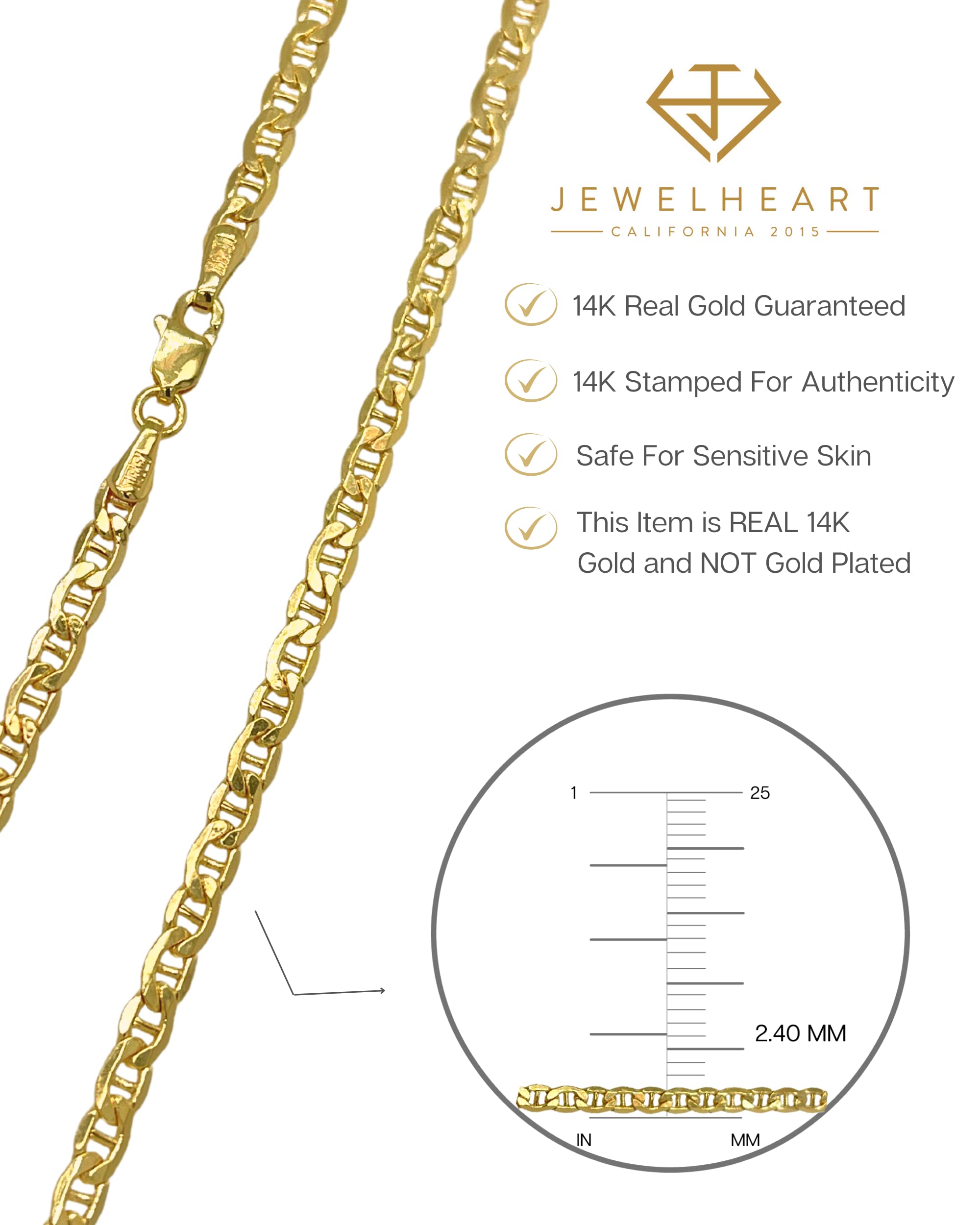 14K & 10K Real Gold Flat Mariner Chain Necklace - 2.4mm to 4.65mm Diamond Cut Anchor Link for Men & Women - Dainty Yellow Gold Pendant Jewelry with Lobster Clasp (14