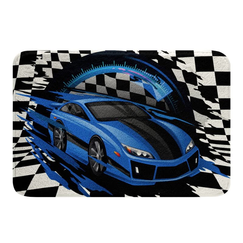 Non-Slip Blue Race Car Bath Mat 20x32 Inch - Extreme Sports Themed Kids Bathroom Rug with Speedometer Design for Boys & Girls - Perfect for Bathroom Floor, Toilet Area and Bedroom Decor