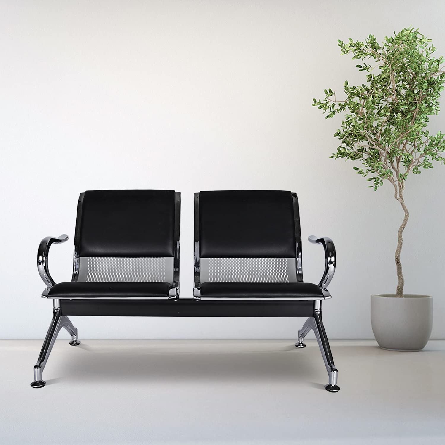 Kinfant Waiting Room Chairs - Comfortable Reception Guest Bench for Airport, Hospital, Bank, Salon & Barber Shop (PU Leather, Black) - Perfect for Lobby Seating, Waiting Areas and Public Spaces