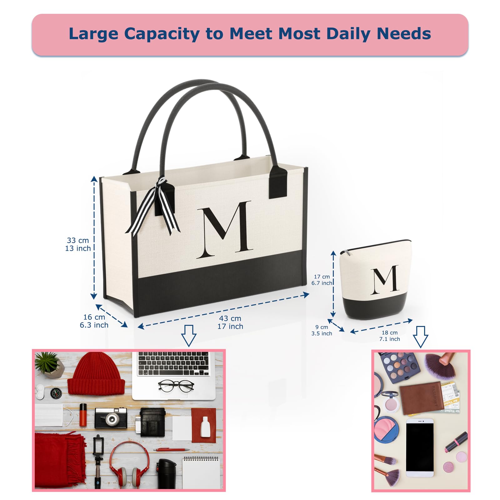 Embroidered Canvas Tote Bag with Zipper Pockets - Stylish & Durable Reusable Shopping Bag for Women - Perfect Gift for Mom, Teacher, Sister - Great for Grocery Shopping, Work, Travel & Beach