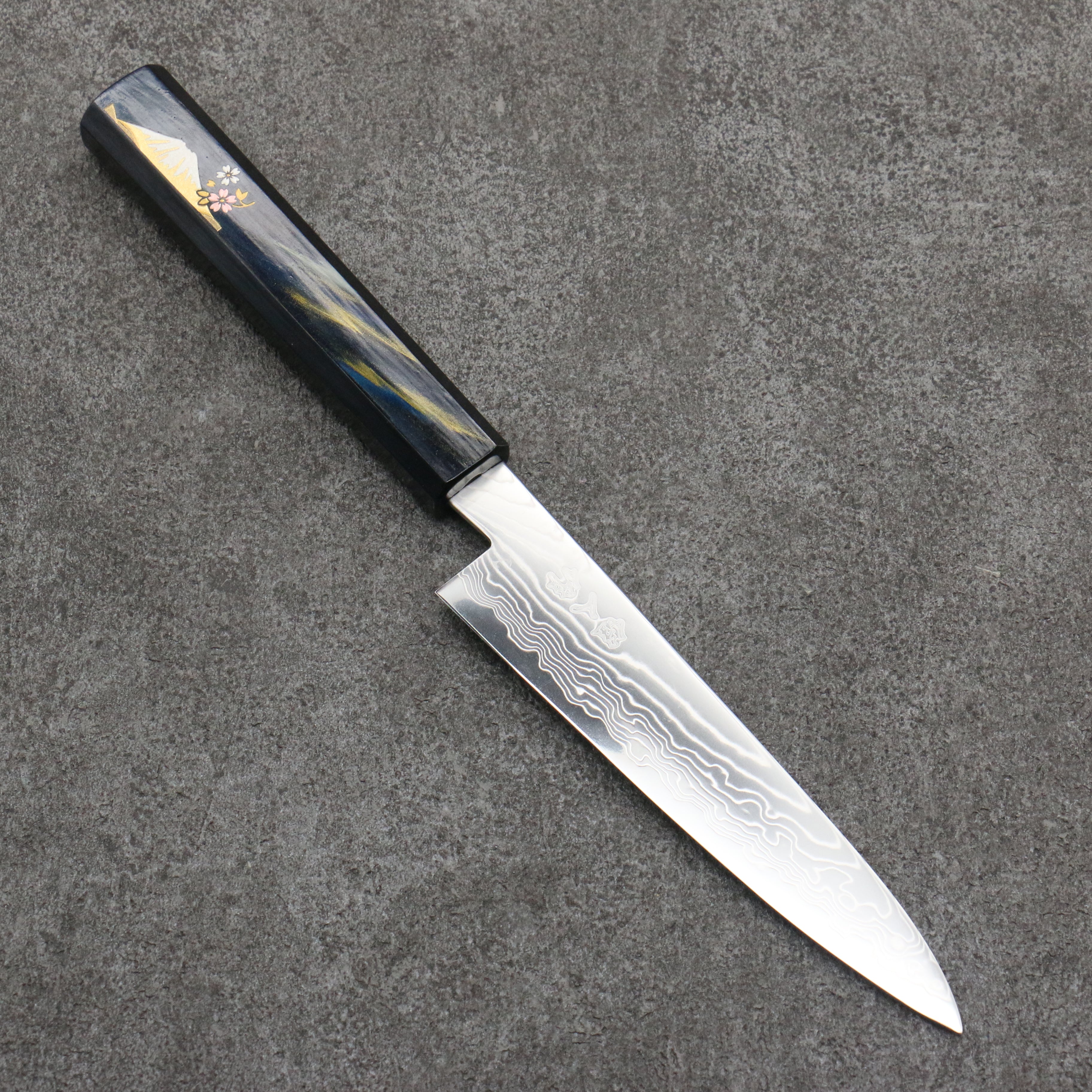 Premium Kajin Cobalt Special Steel Damascus Petty Knife 135mm - Dark Blue & Gold Blade with Fuji Lacquered Handle - Perfect for Sushi, Vegetables & Precision Kitchen Tasks