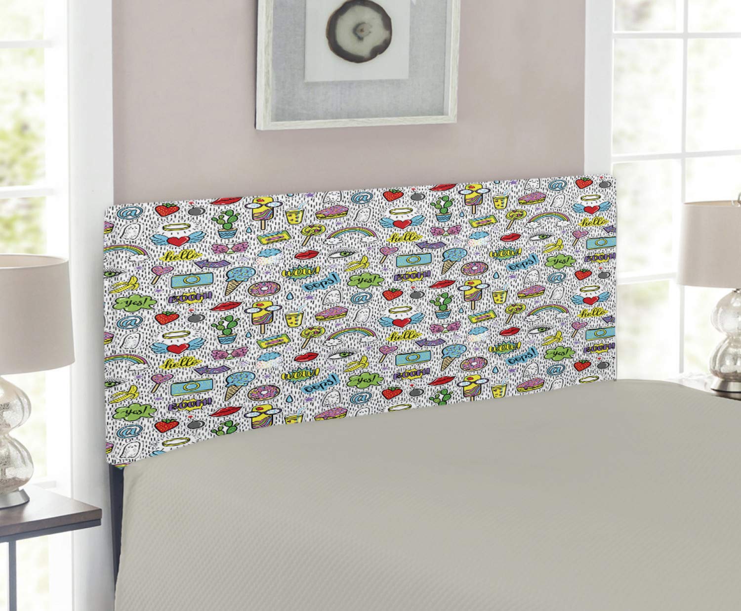 Ambesonne Emoticon Headboard - Pop Art Cartoon Design with Ice Cream, Rainbow, Donut & Heart Patterns - Upholstered Metal Bed Frame with Memory Foam - Twin Size Multicolor Headboard for Kids & Teens Bedroom Decor